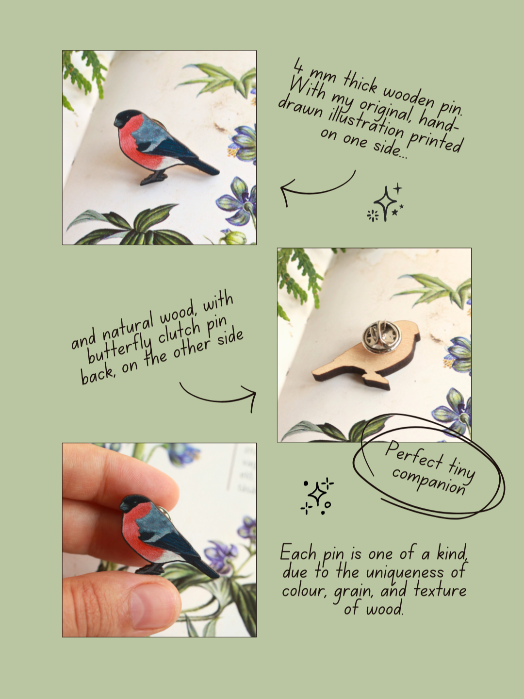 Bullfinch pin - wooden bird brooch