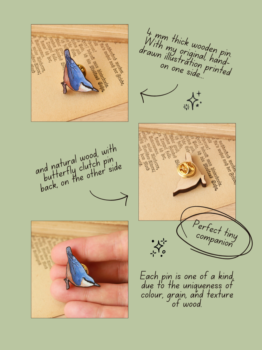 Nuthatch pin - wooden bird pin