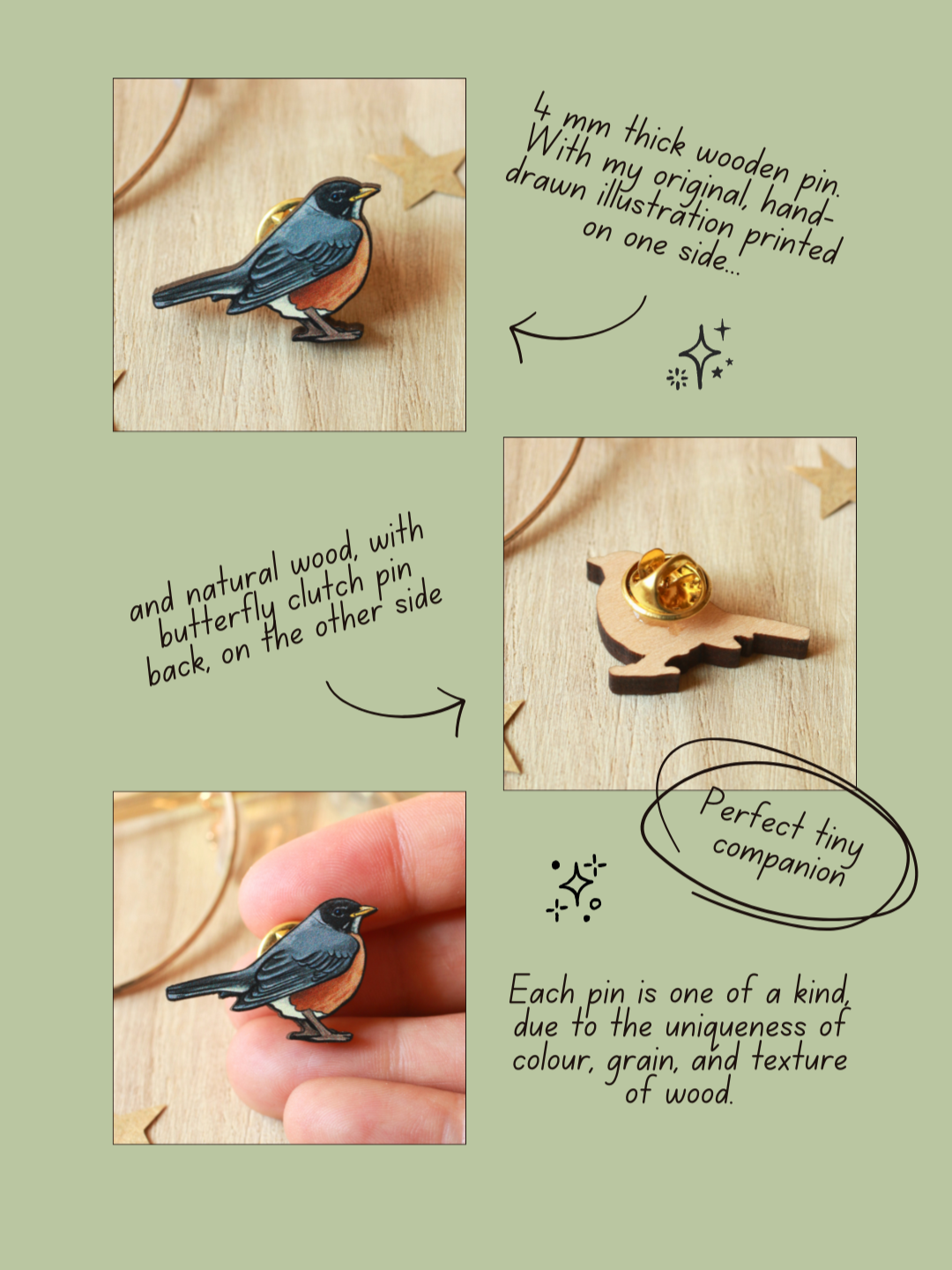 American Robin pin - wooden bird brooch