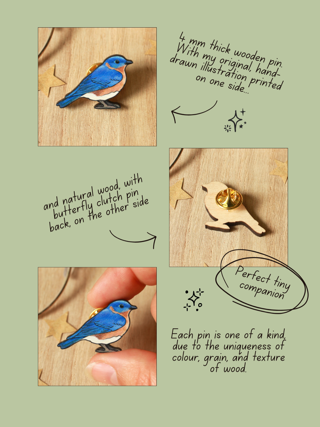 Blue bird wooden pin