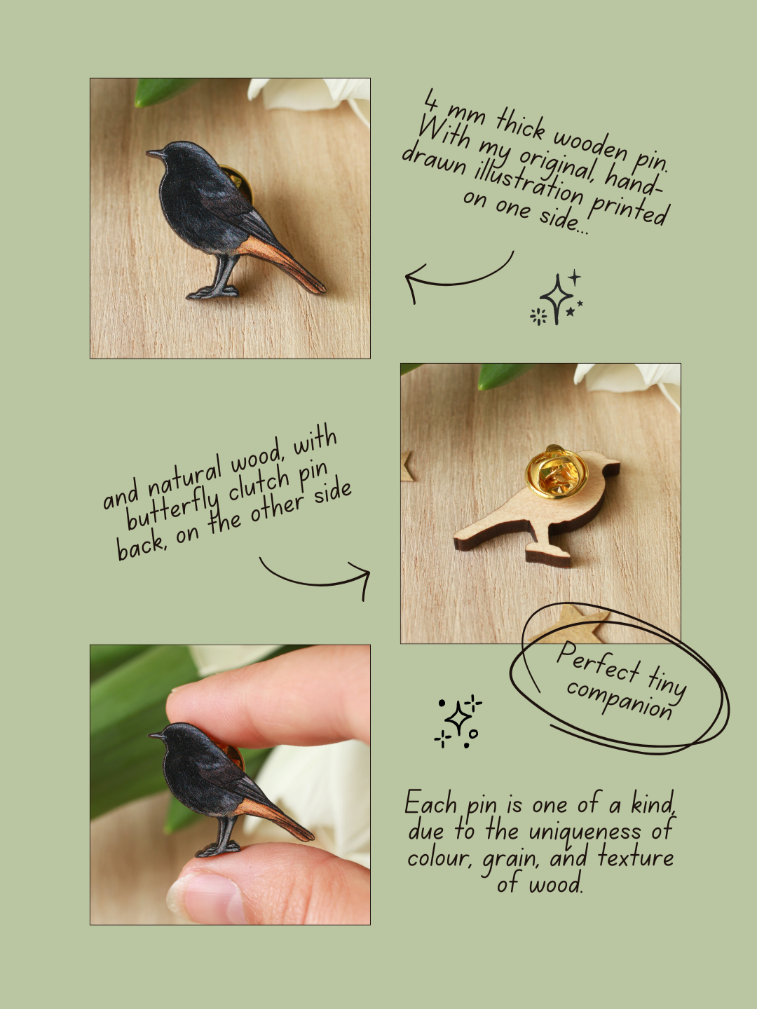 Black redstart pin - wooden bird brooch