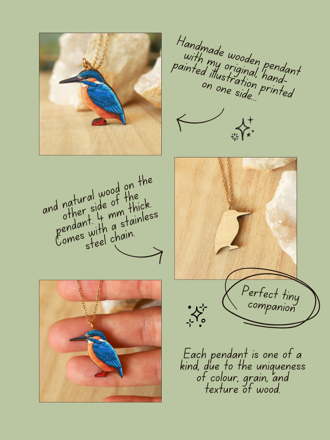 Kingfisher necklace - wooden bird pendant