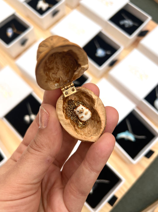 RESERVED - Hedgehog necklace in a walnut box