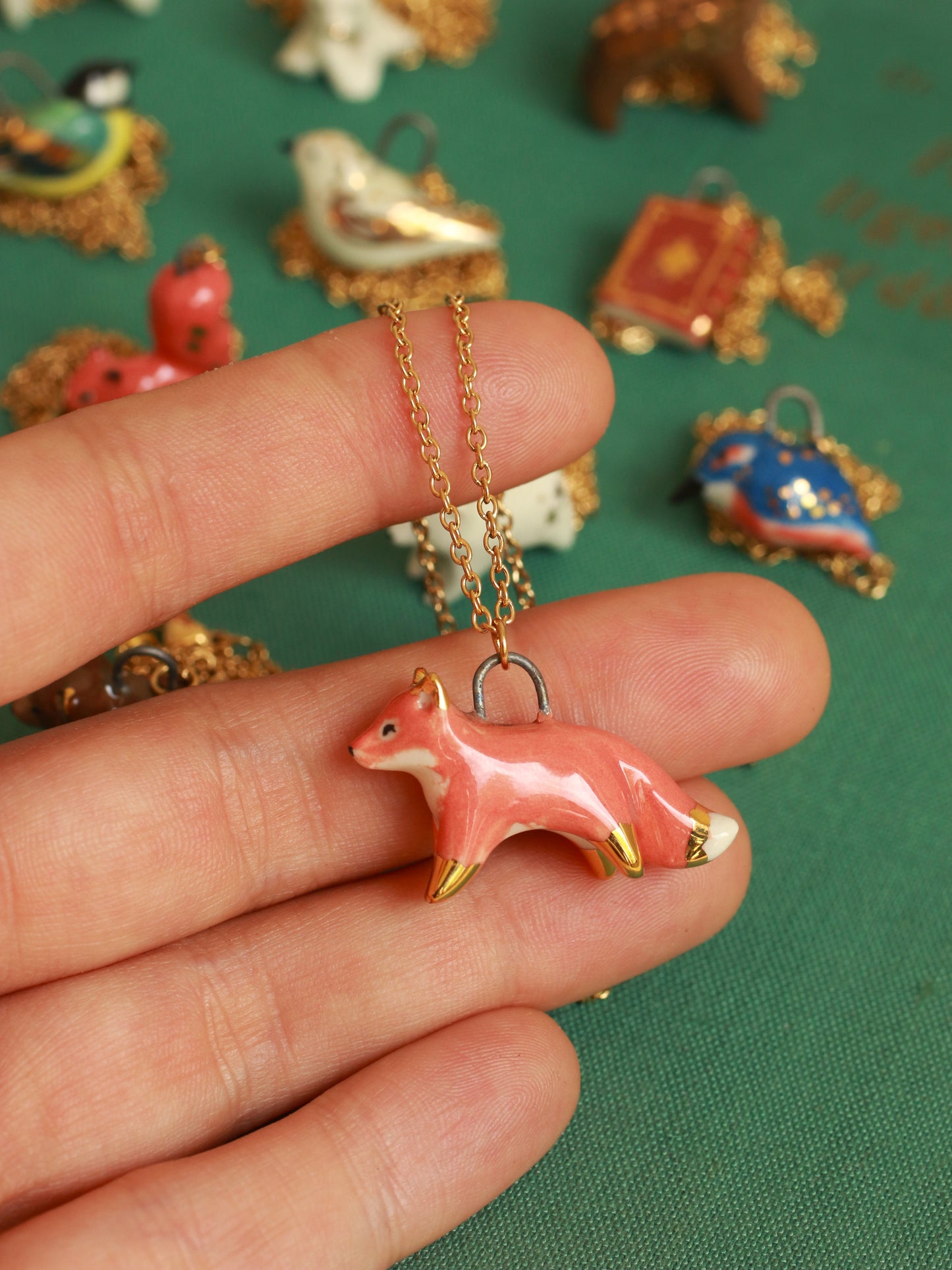 Ceramic Fox necklace - 22k gold details