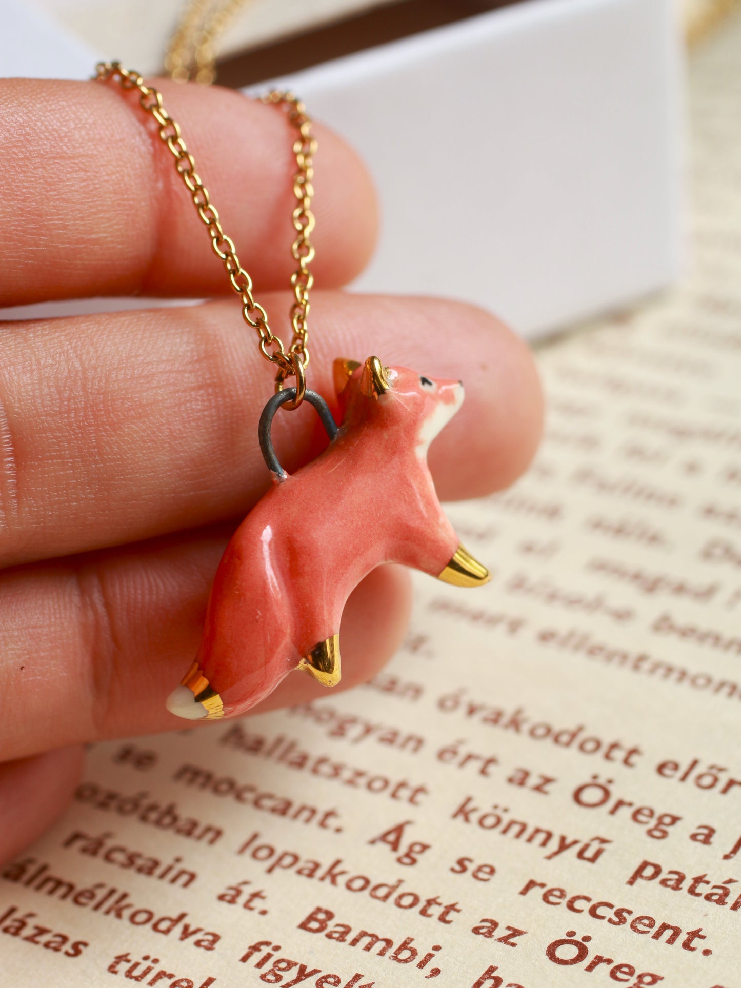 Ceramic Fox necklace - 22k gold details