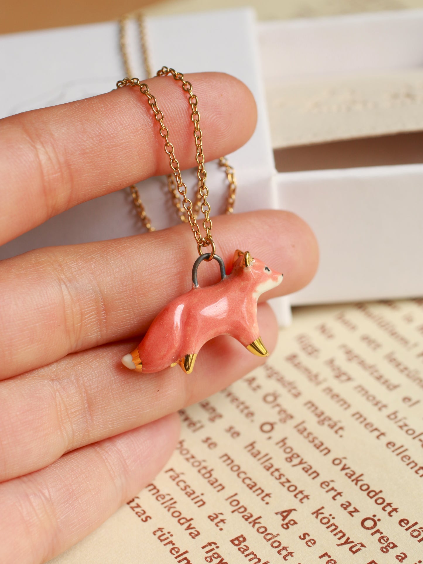 Ceramic Fox necklace - 22k gold details