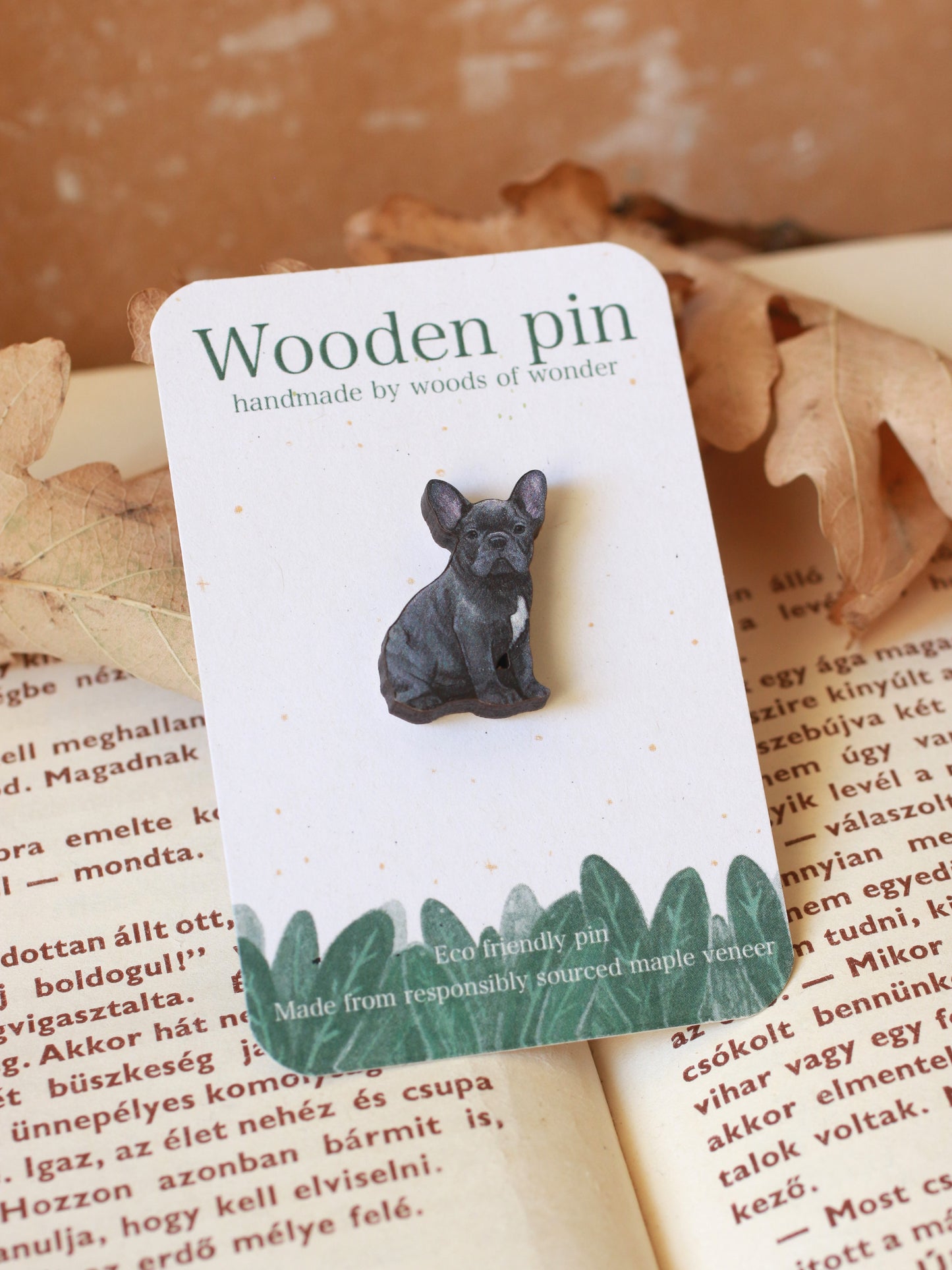 Grey French Bulldog Pin - wooden dog brooch