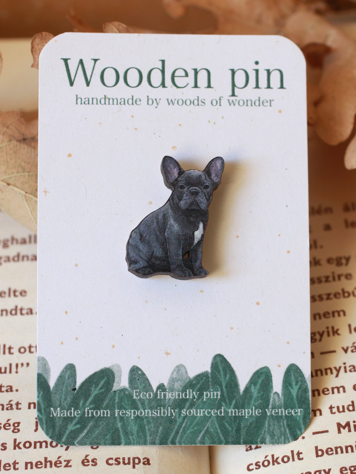 Grey French Bulldog Pin - wooden dog brooch