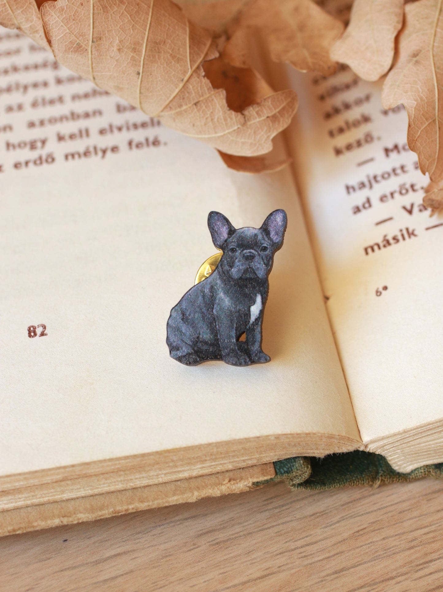 Grey French Bulldog Pin - wooden dog brooch