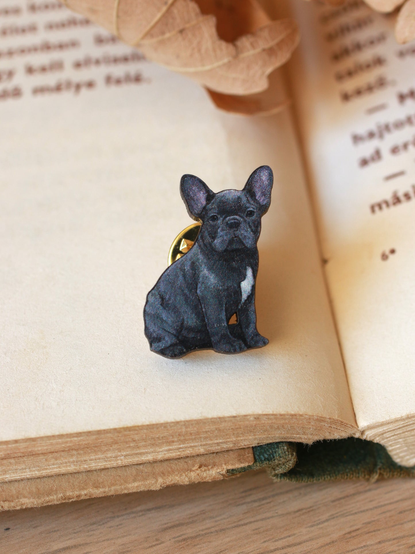 Grey French Bulldog Pin - wooden dog brooch