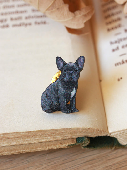 Grey French Bulldog Pin - wooden dog brooch