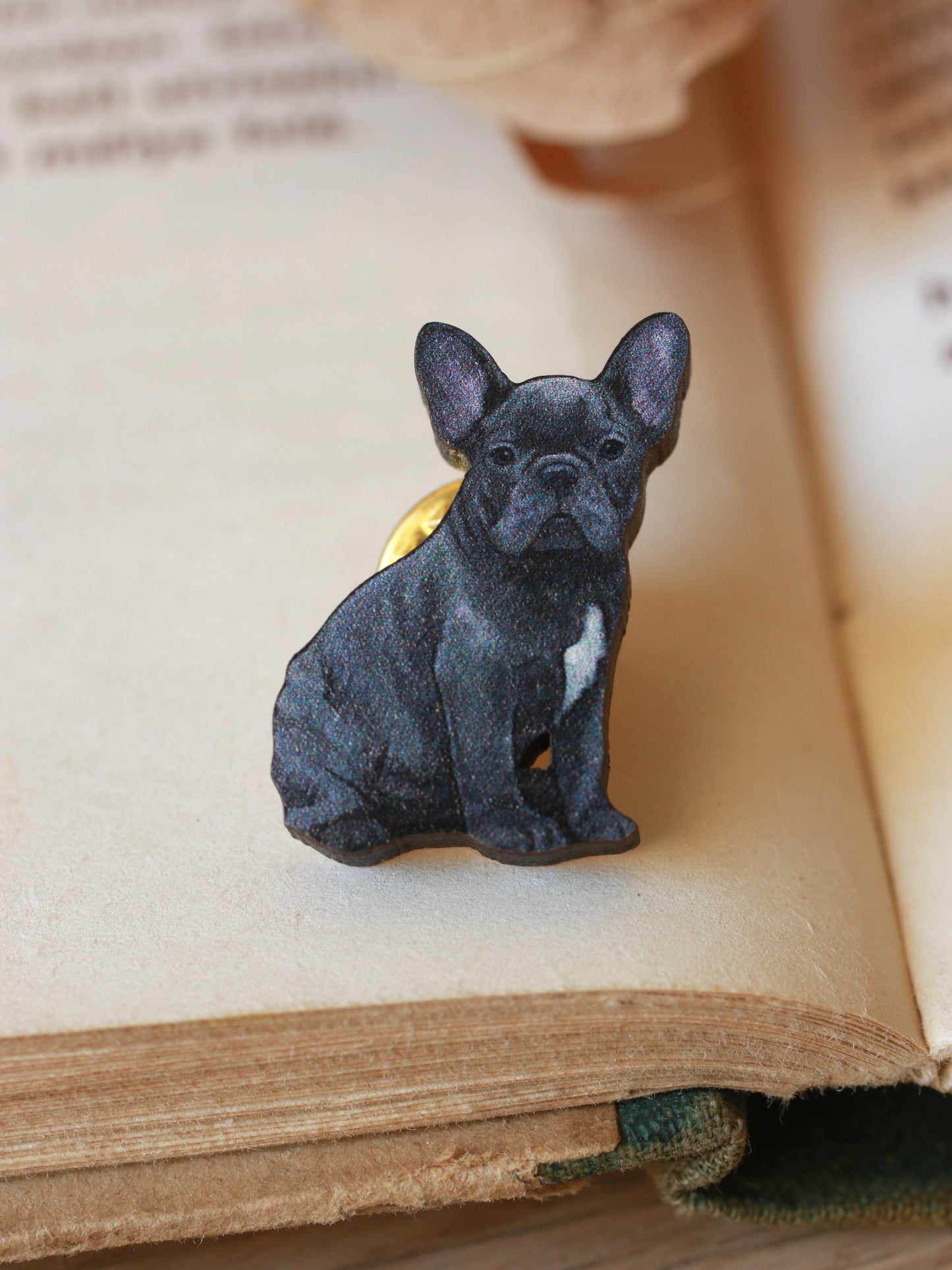 Grey French Bulldog Pin - wooden dog brooch