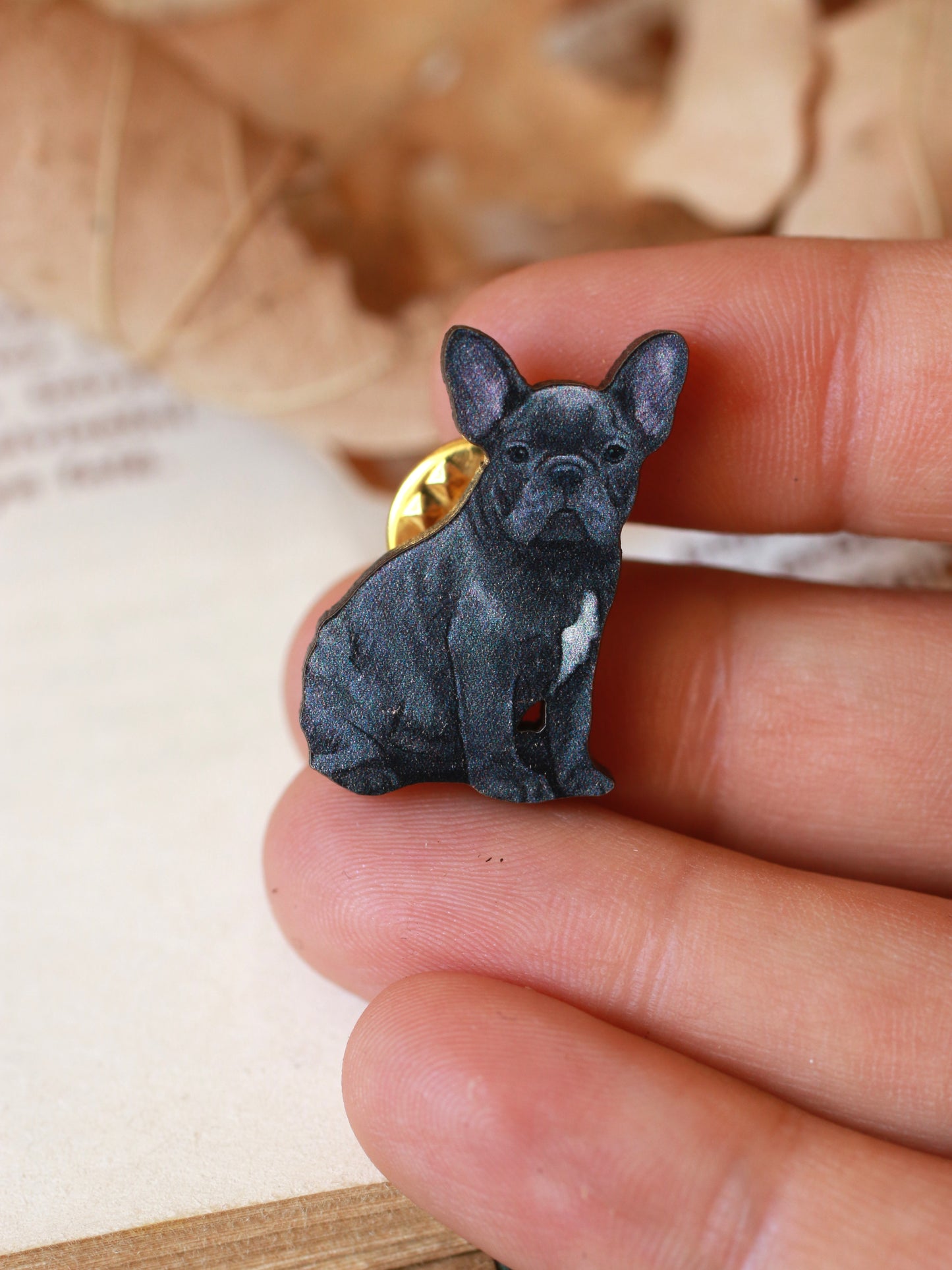 Grey French Bulldog Pin - wooden dog brooch