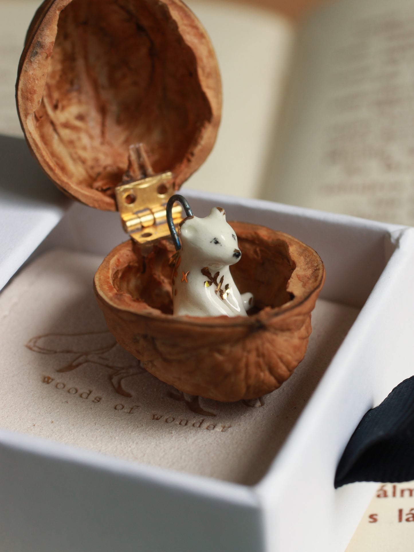 Ceramic bear necklace in a walnut box - 22k gold details