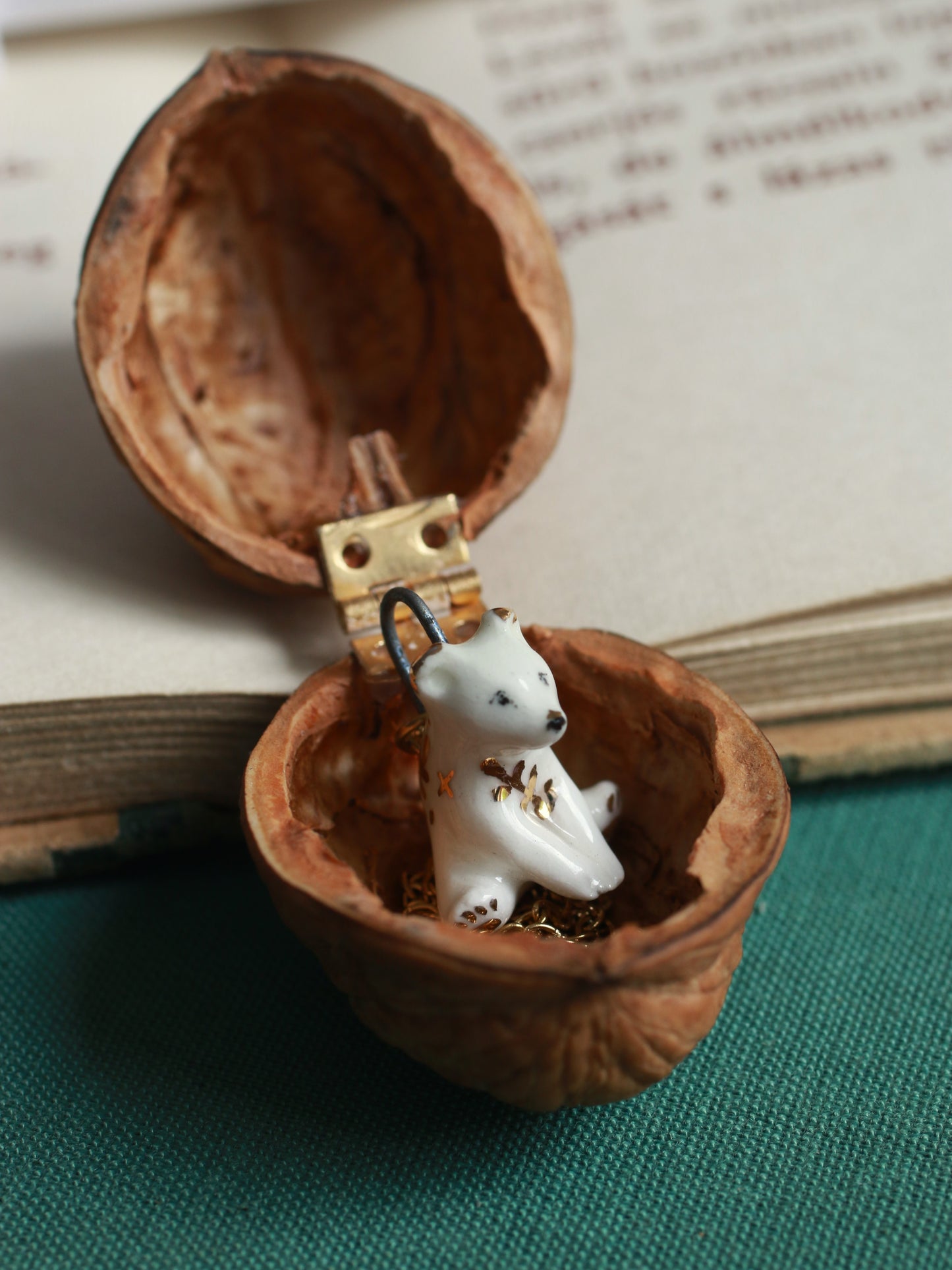 Ceramic bear necklace in a walnut box - 22k gold details