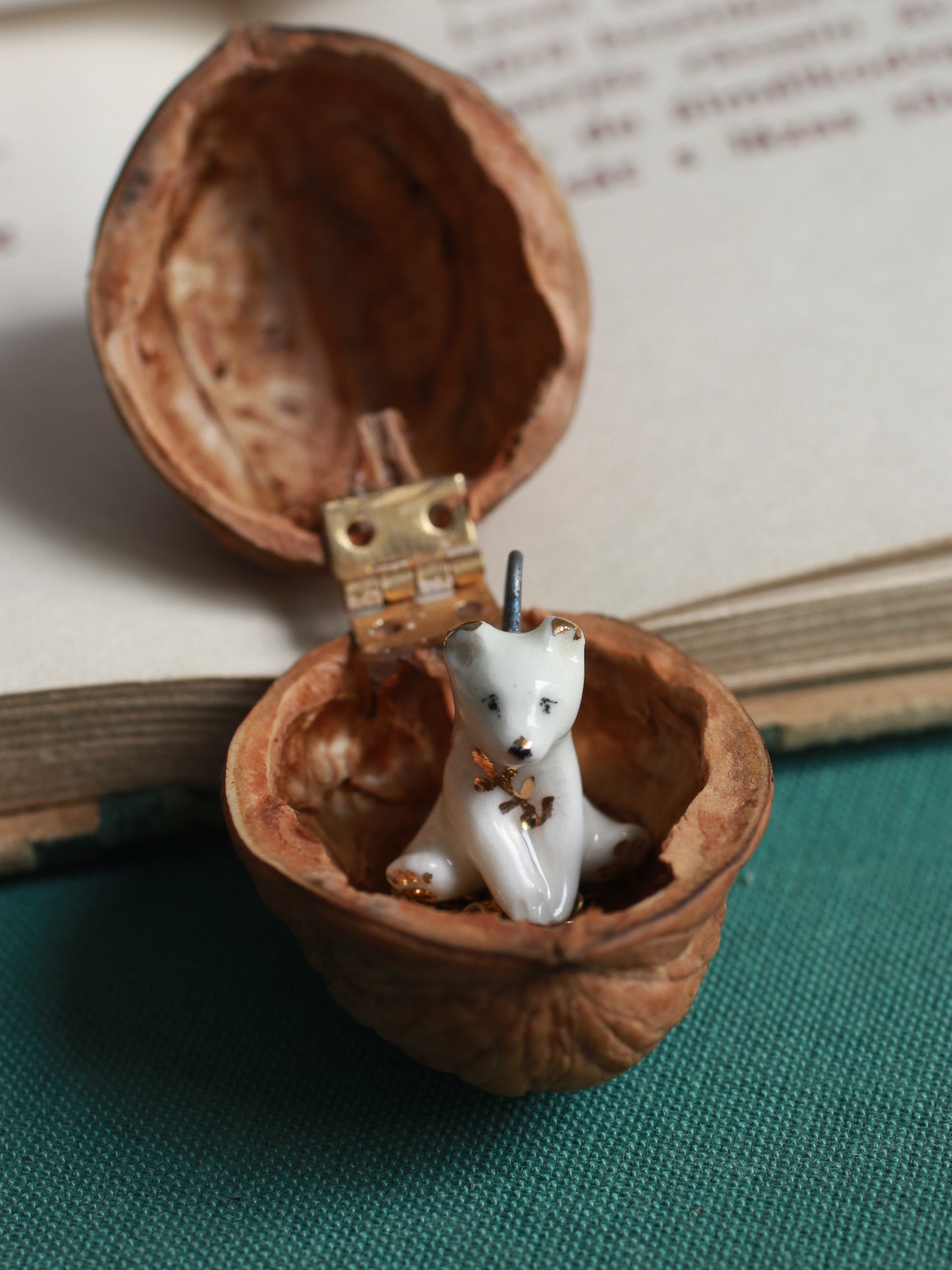 Ceramic bear necklace in a walnut box - 22k gold details