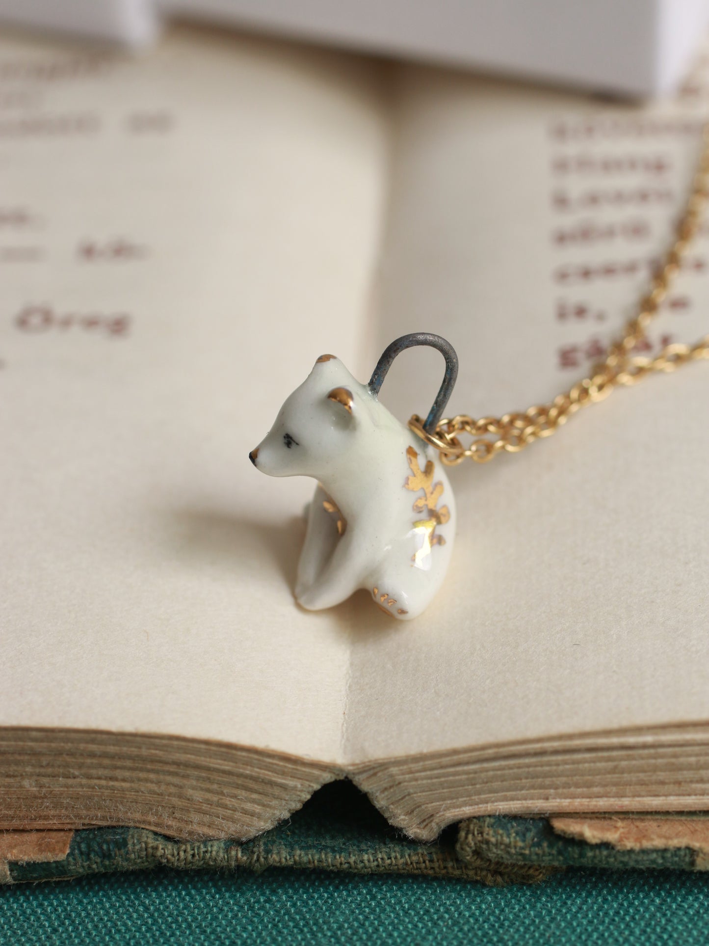 Ceramic bear necklace in a walnut box - 22k gold details