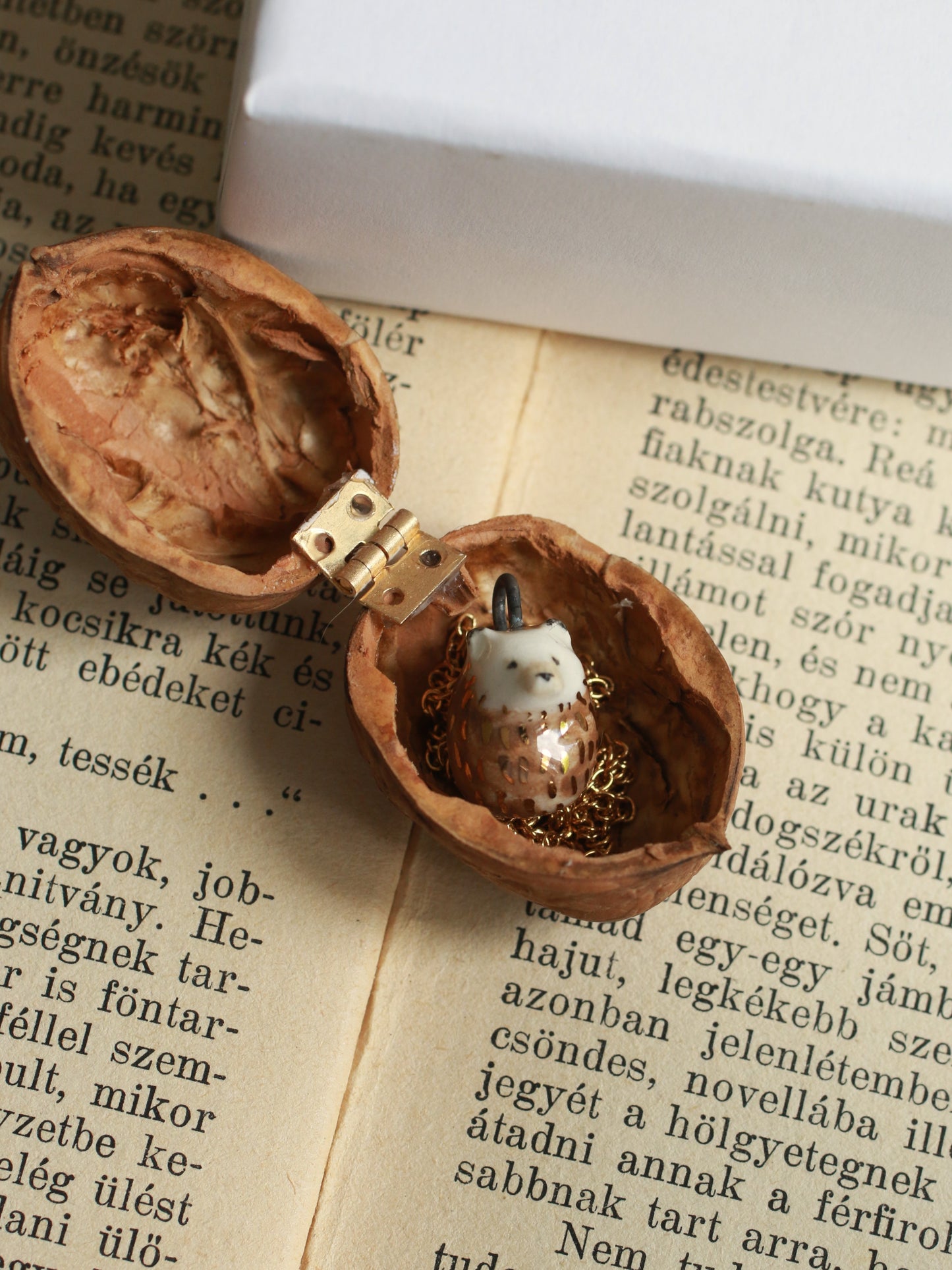 Ceramic Hedgehog necklace in a walnut box - 22k gold details