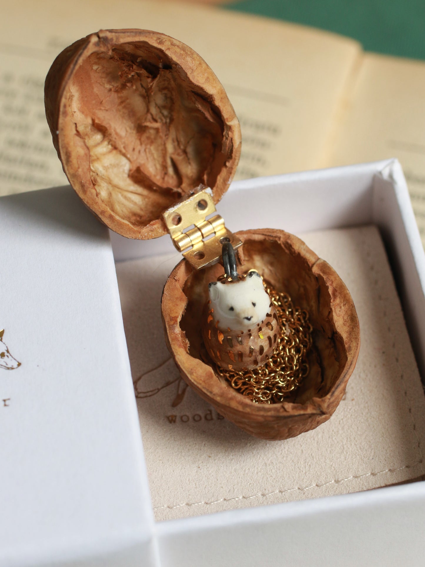 Ceramic Hedgehog necklace in a walnut box - 22k gold details