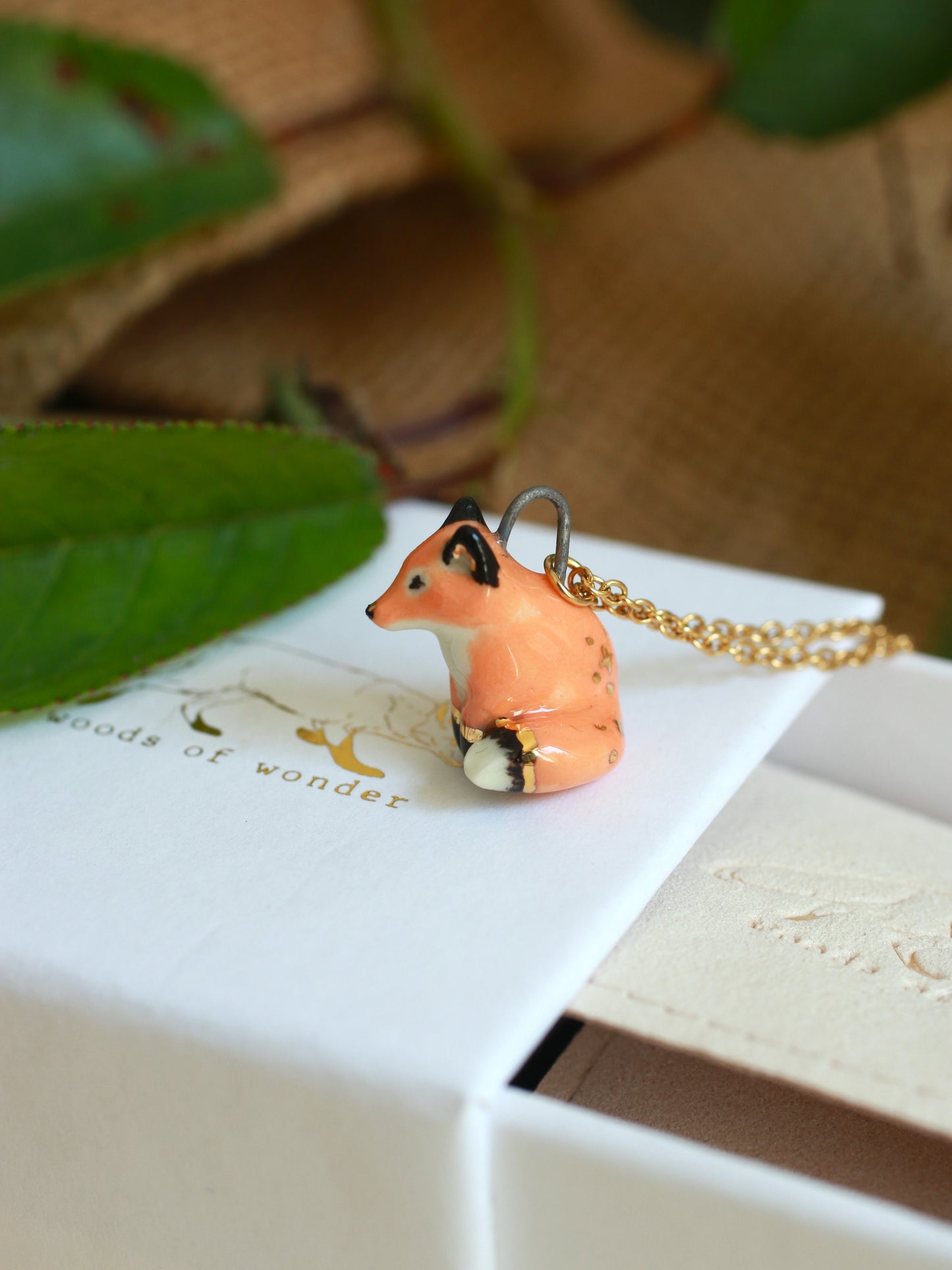 Ceramic Fox necklace - 22k gold details