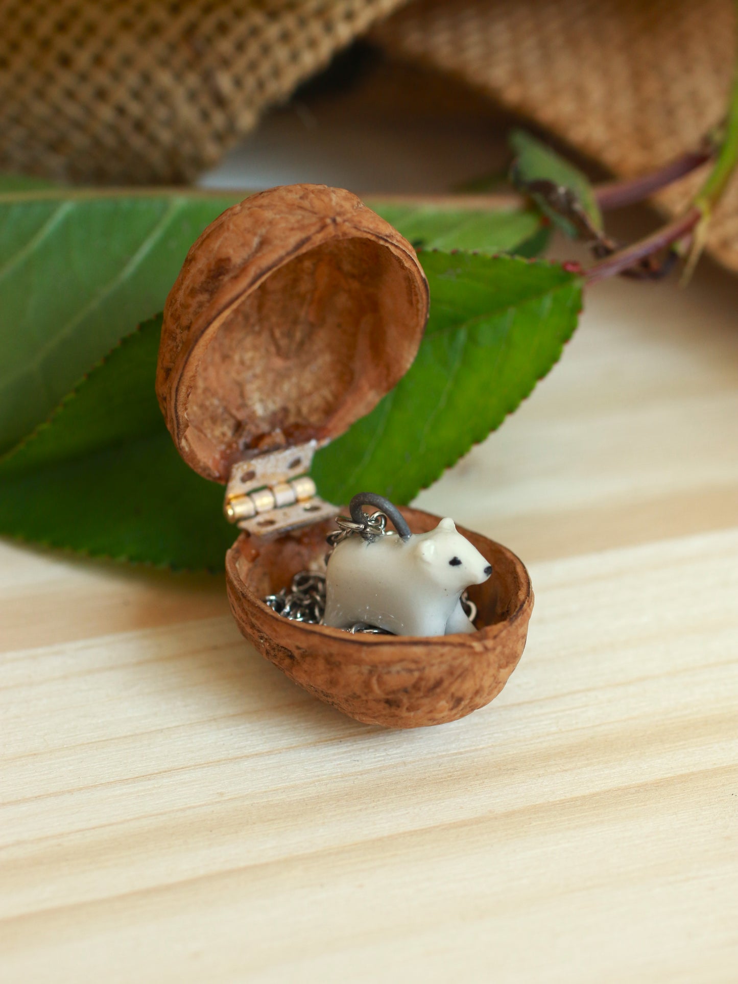 Polar bear necklace in a walnut box