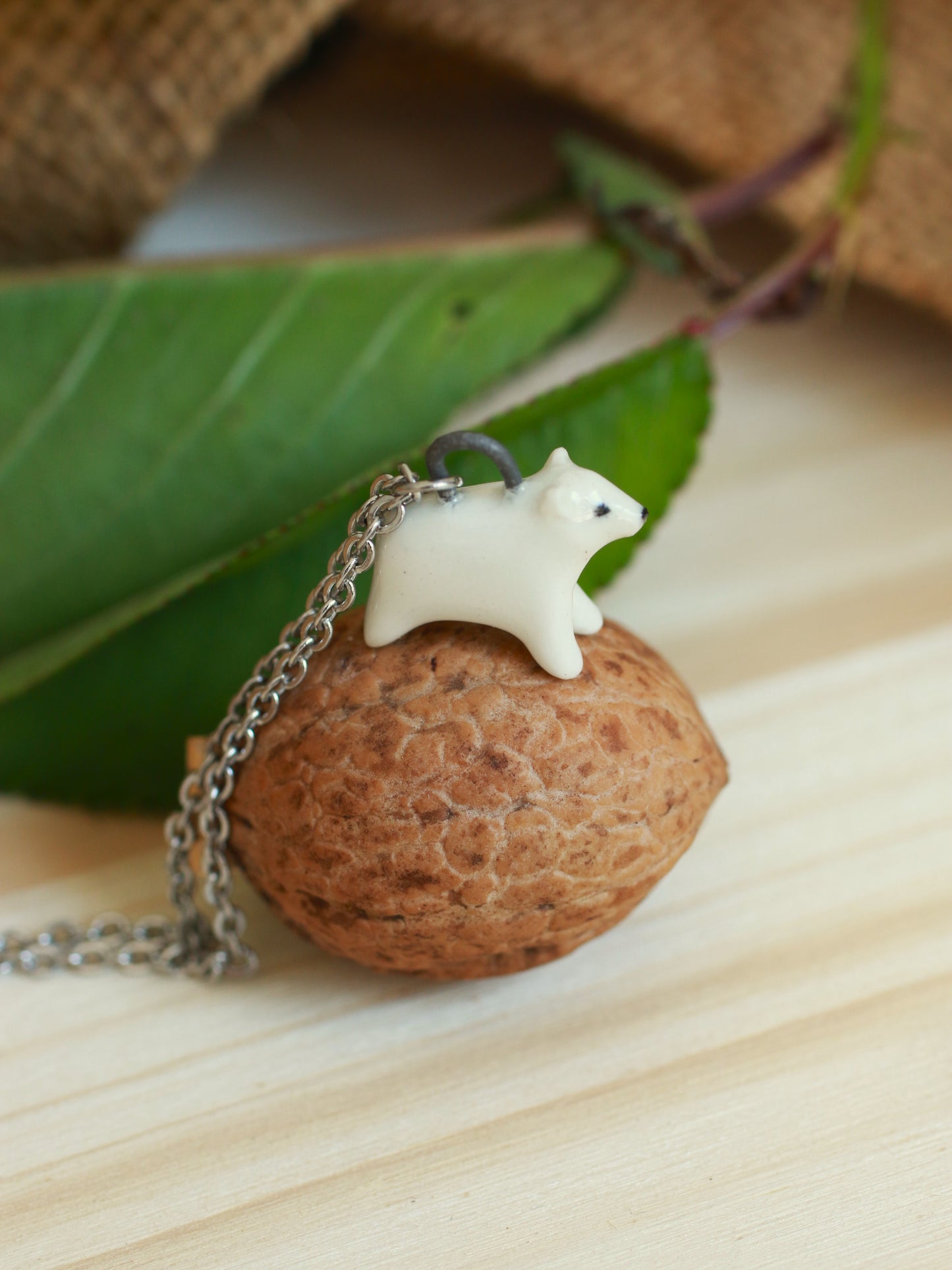 Polar bear necklace in a walnut box