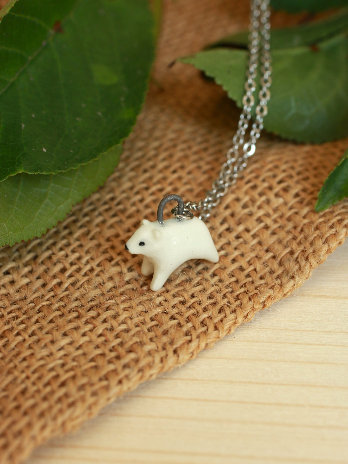 Polar bear necklace in a walnut box