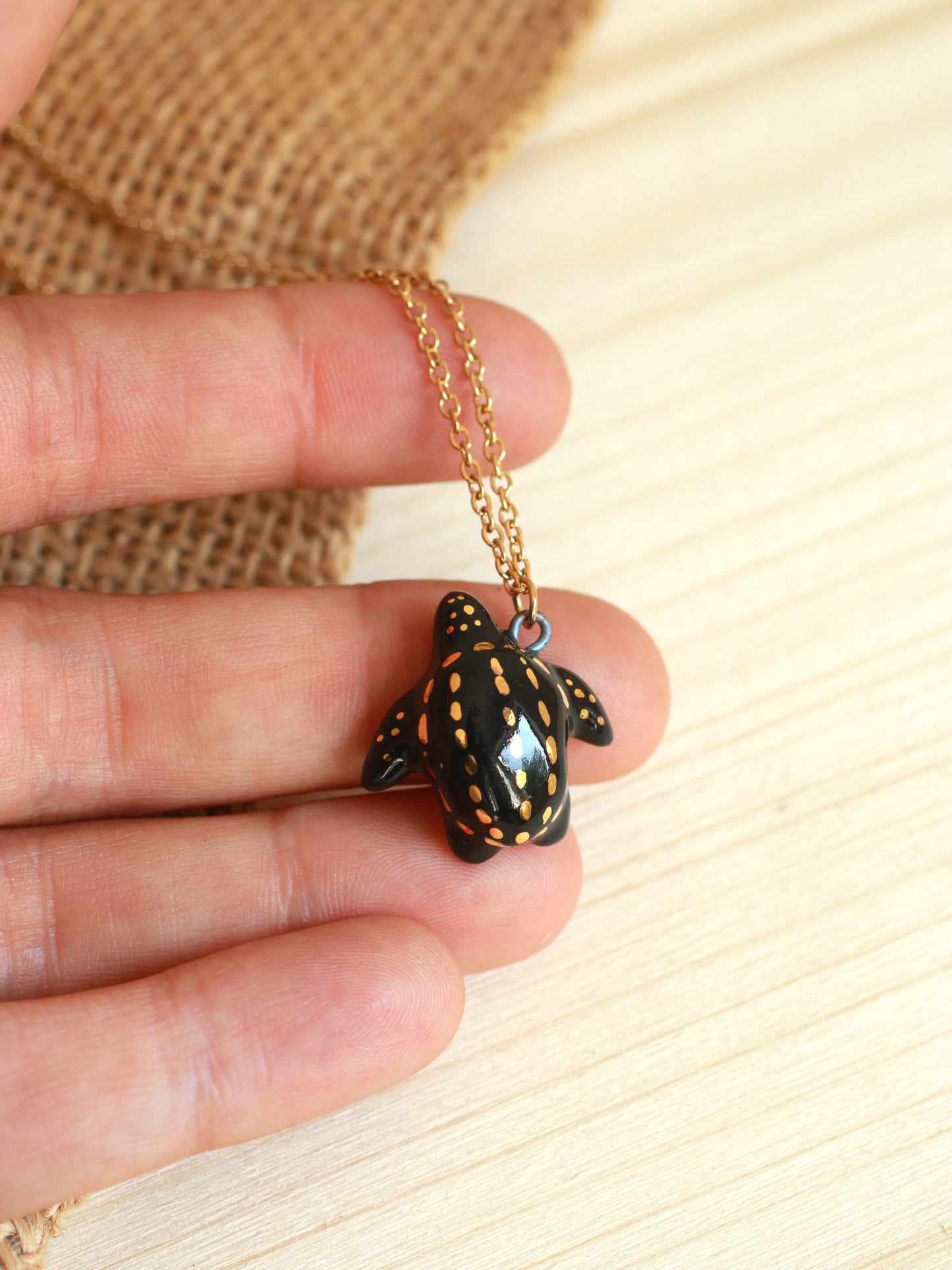 Ceramic black sea turtle necklace - with 22k gold details