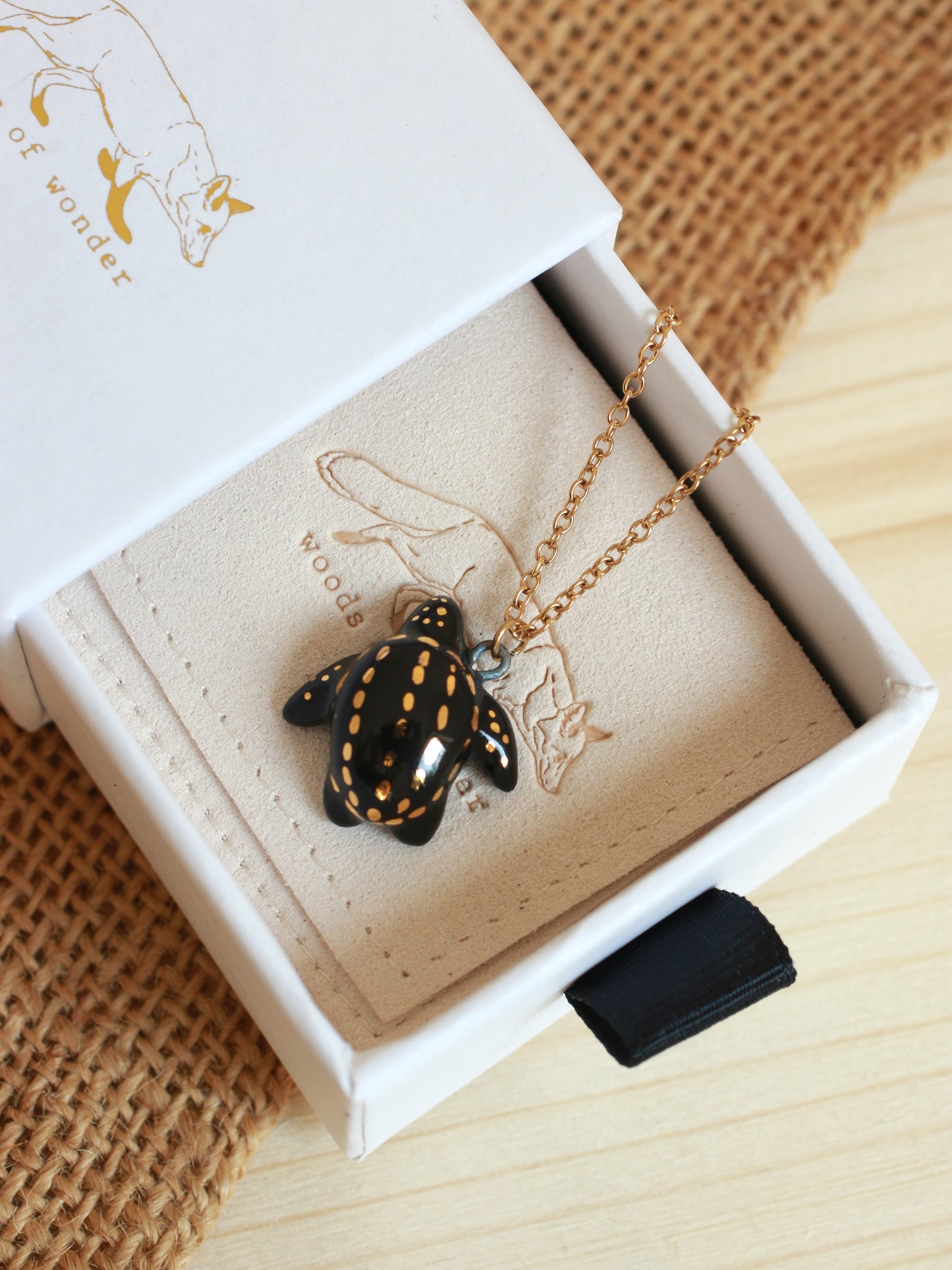 Ceramic black sea turtle necklace - with 22k gold details