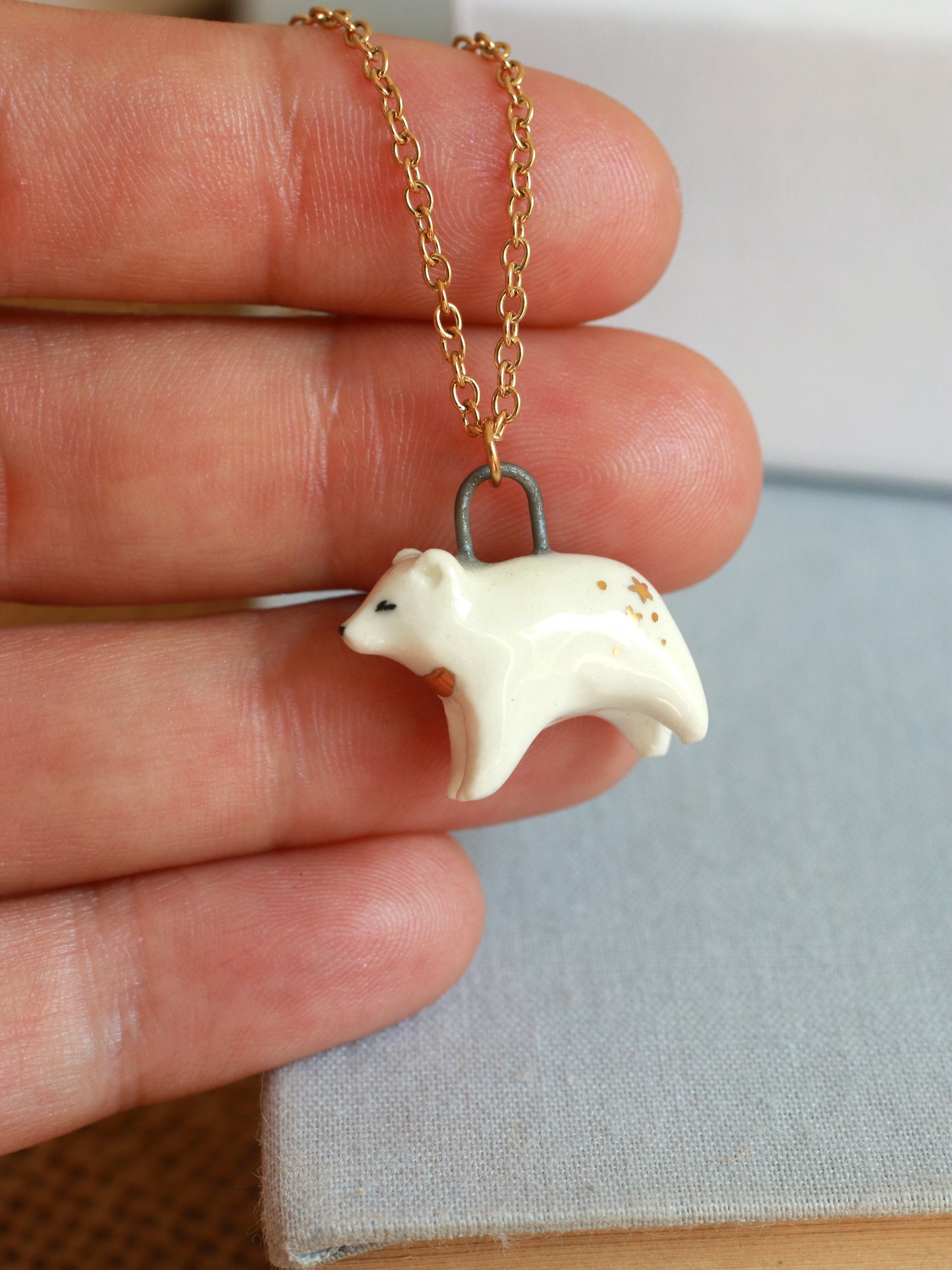 Ceramic polar bear necklace - with 22k gold details
