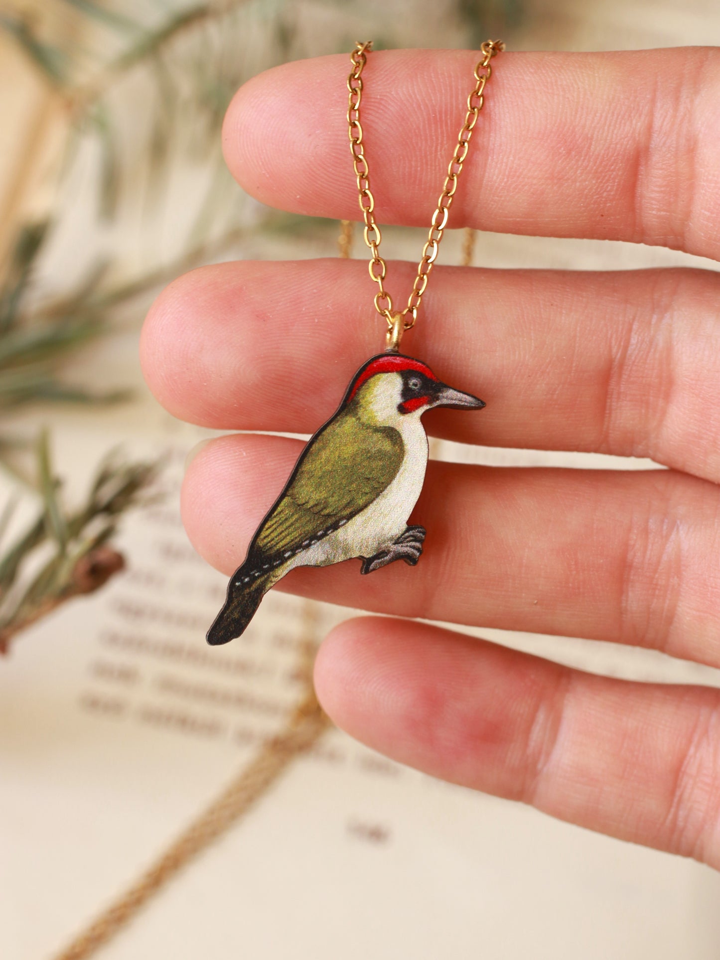 Green woodpecker necklace