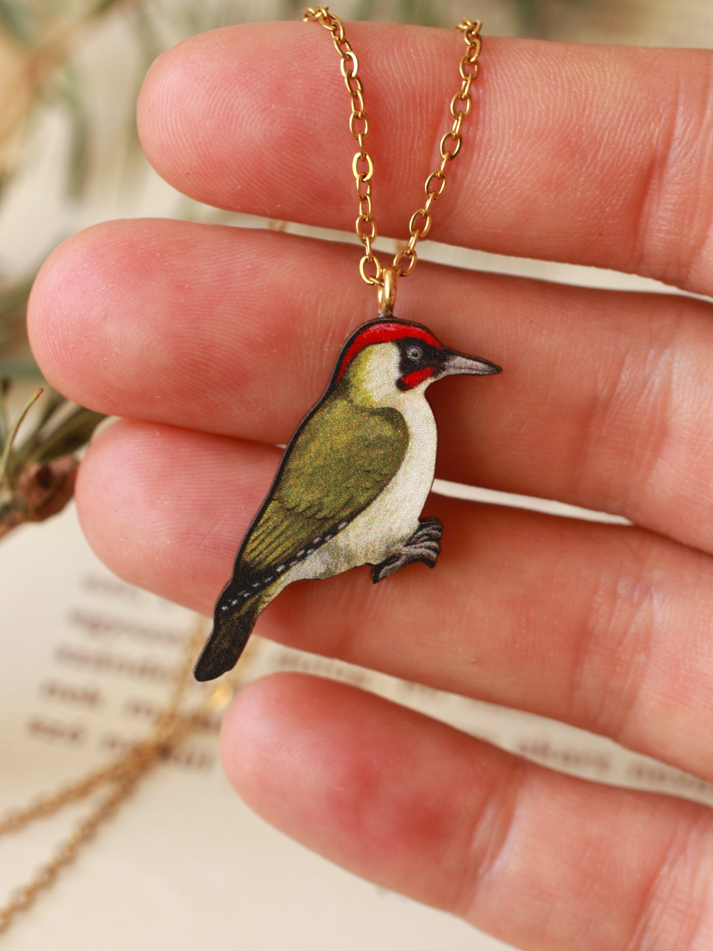 Green woodpecker necklace