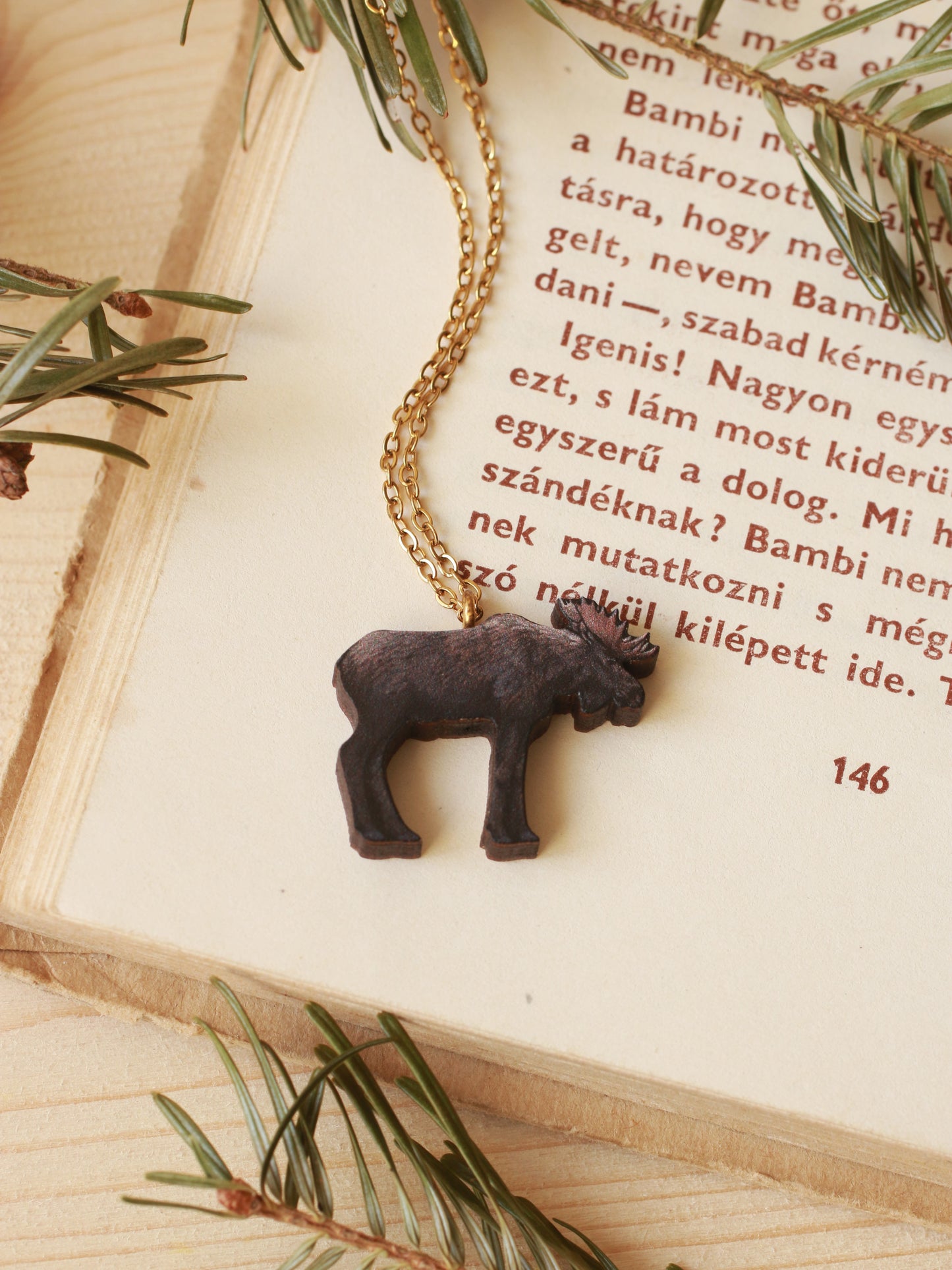 Moose necklace - wooden elk pendant