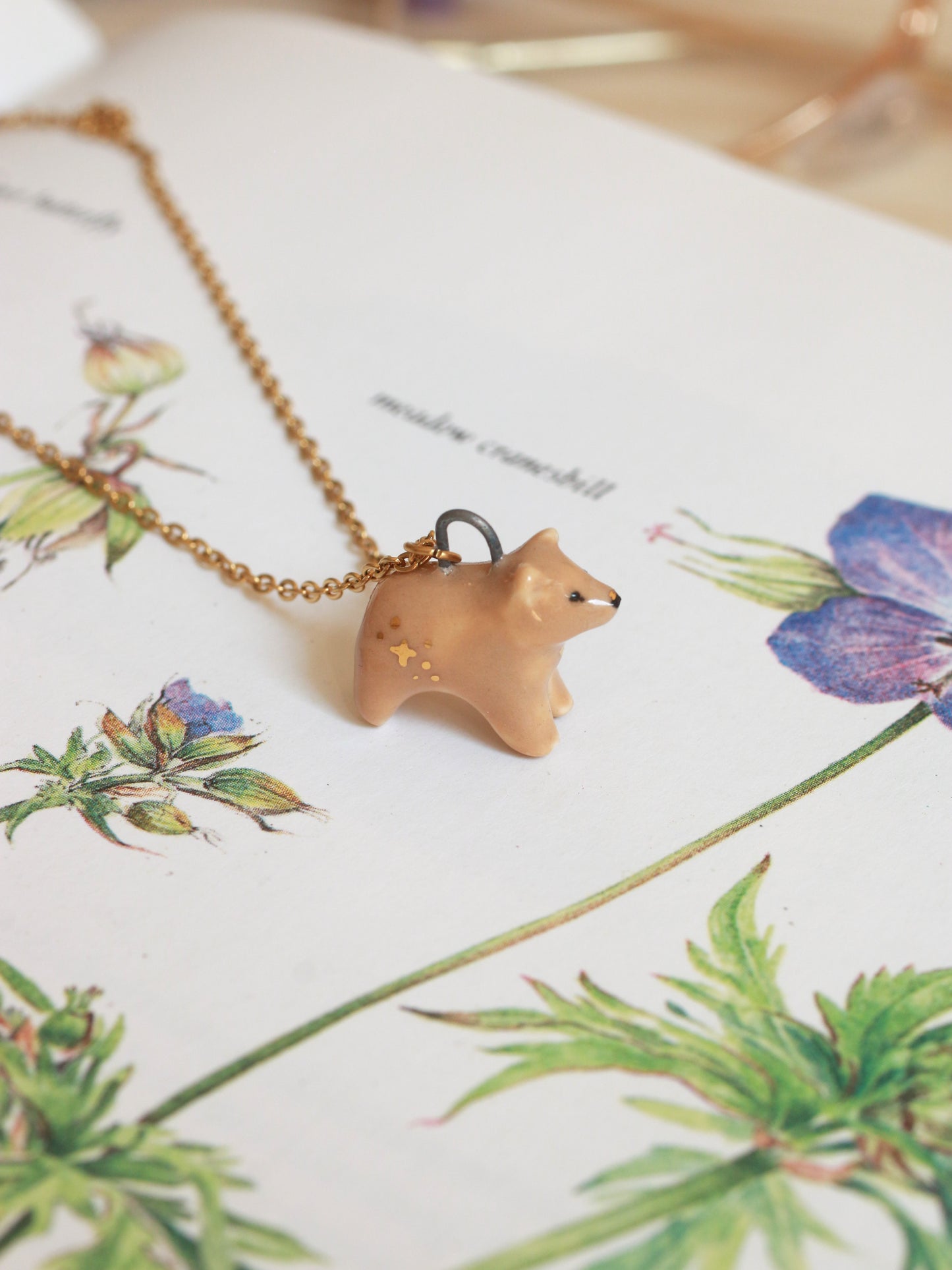 Ceramic bear necklace - with 22k gold details