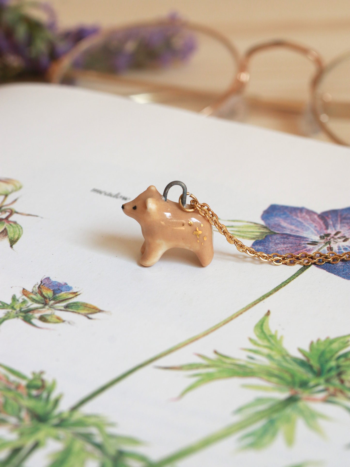 Ceramic bear necklace - with 22k gold details