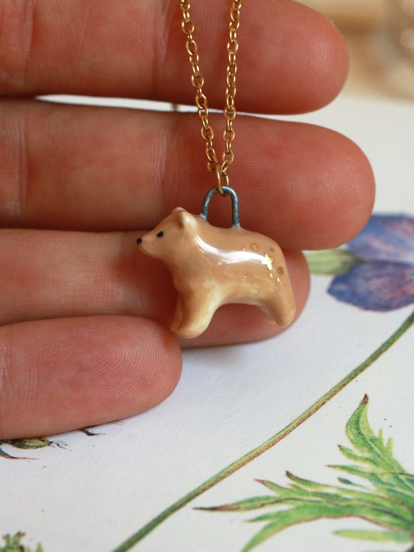 Ceramic bear necklace - with 22k gold details
