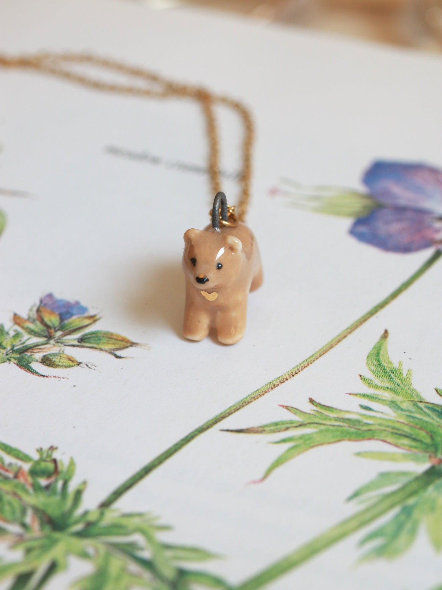 Ceramic bear necklace - with 22k gold details