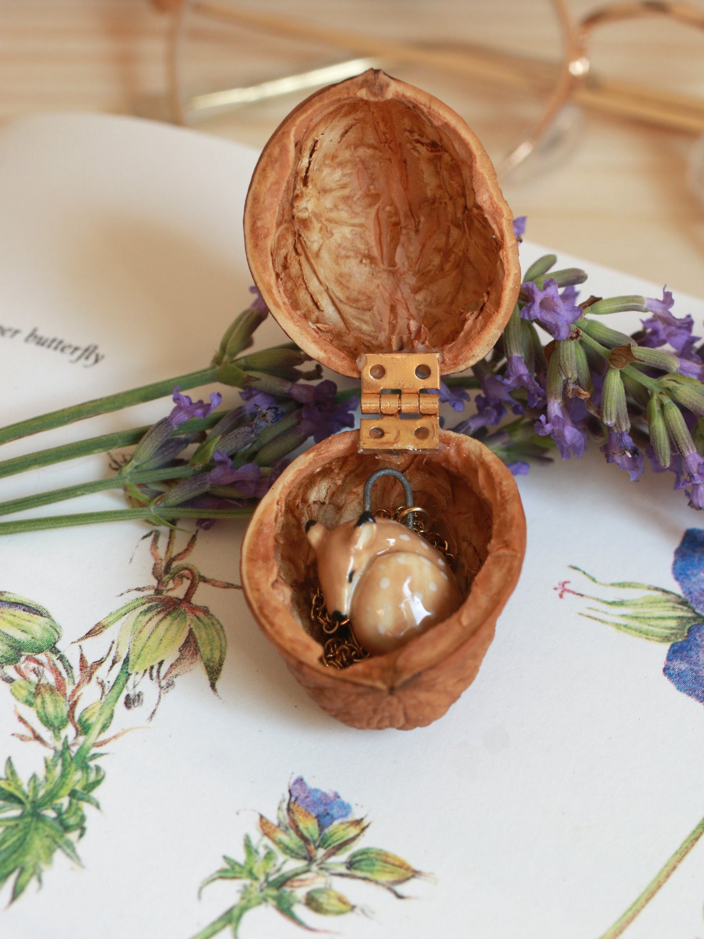 Sleeping Fawn necklace in a walnut box