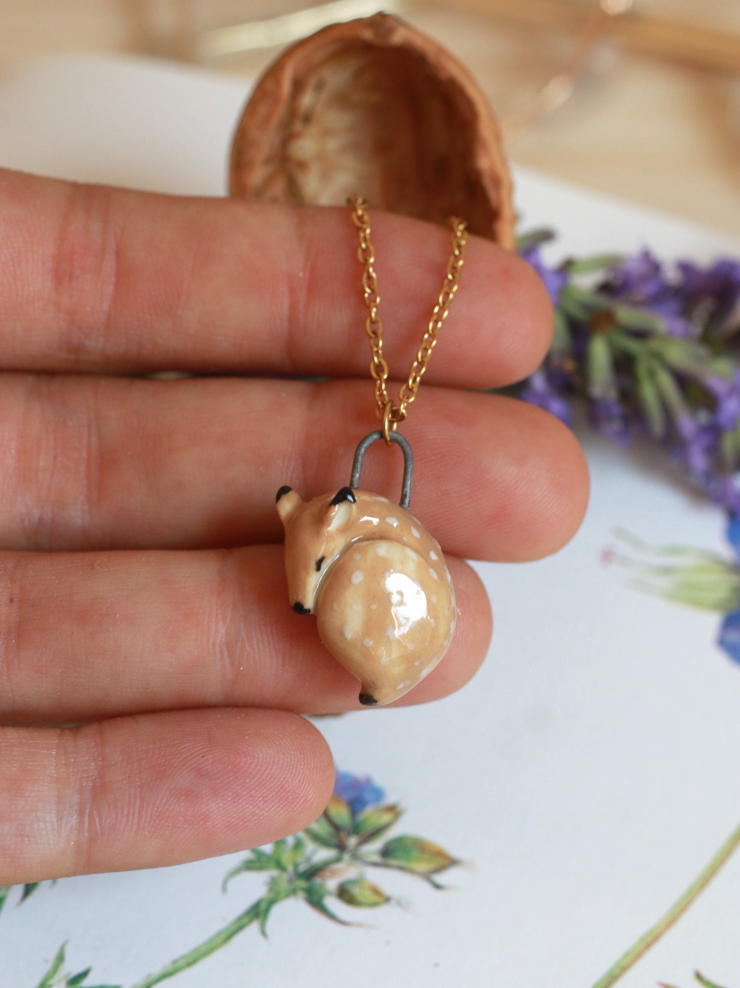 Sleeping Fawn necklace in a walnut box