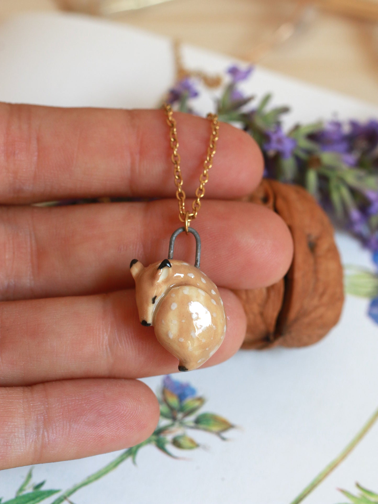 Sleeping Fawn necklace in a walnut box