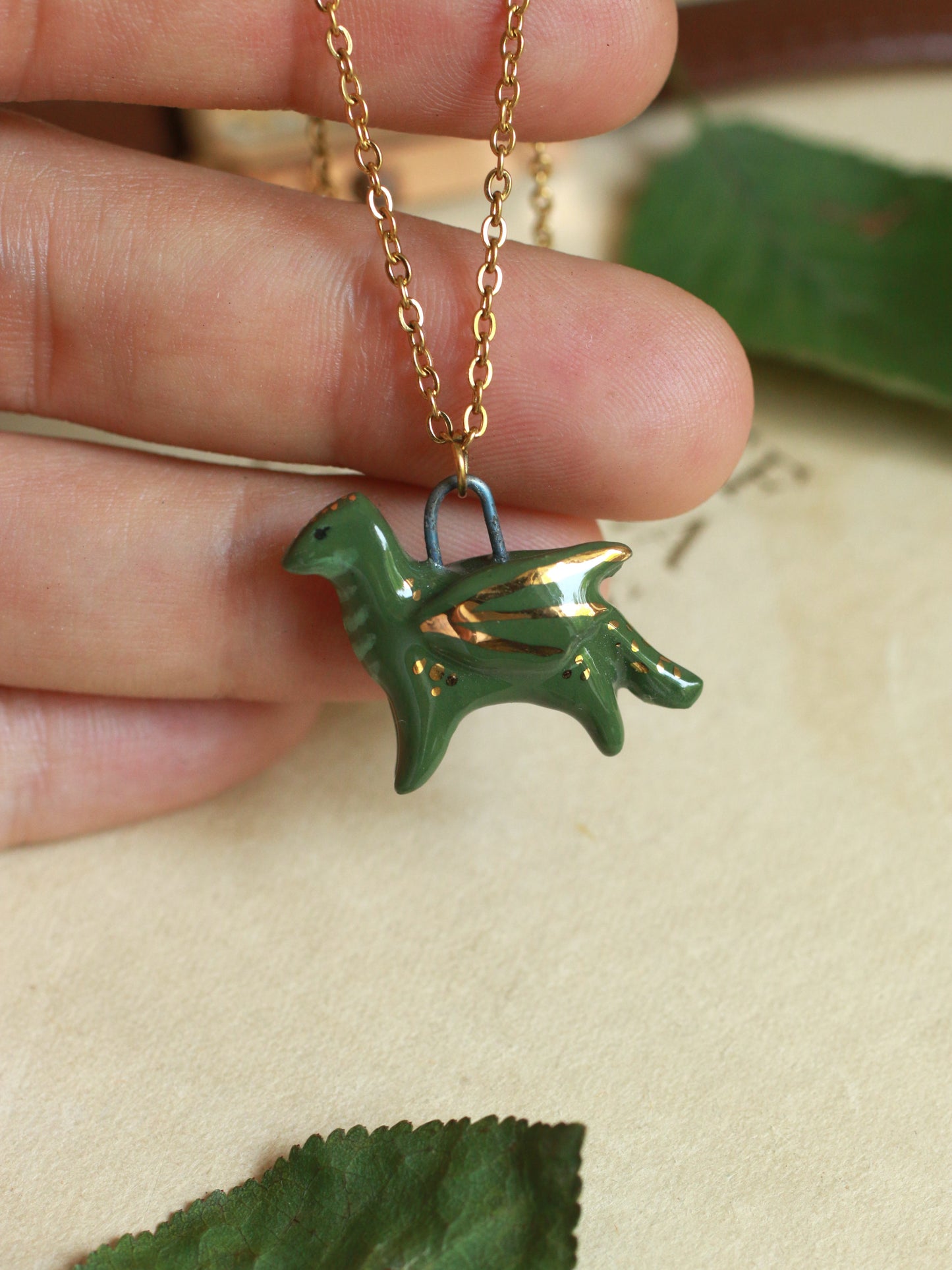 Ceramic dragon necklace - 22k gold details