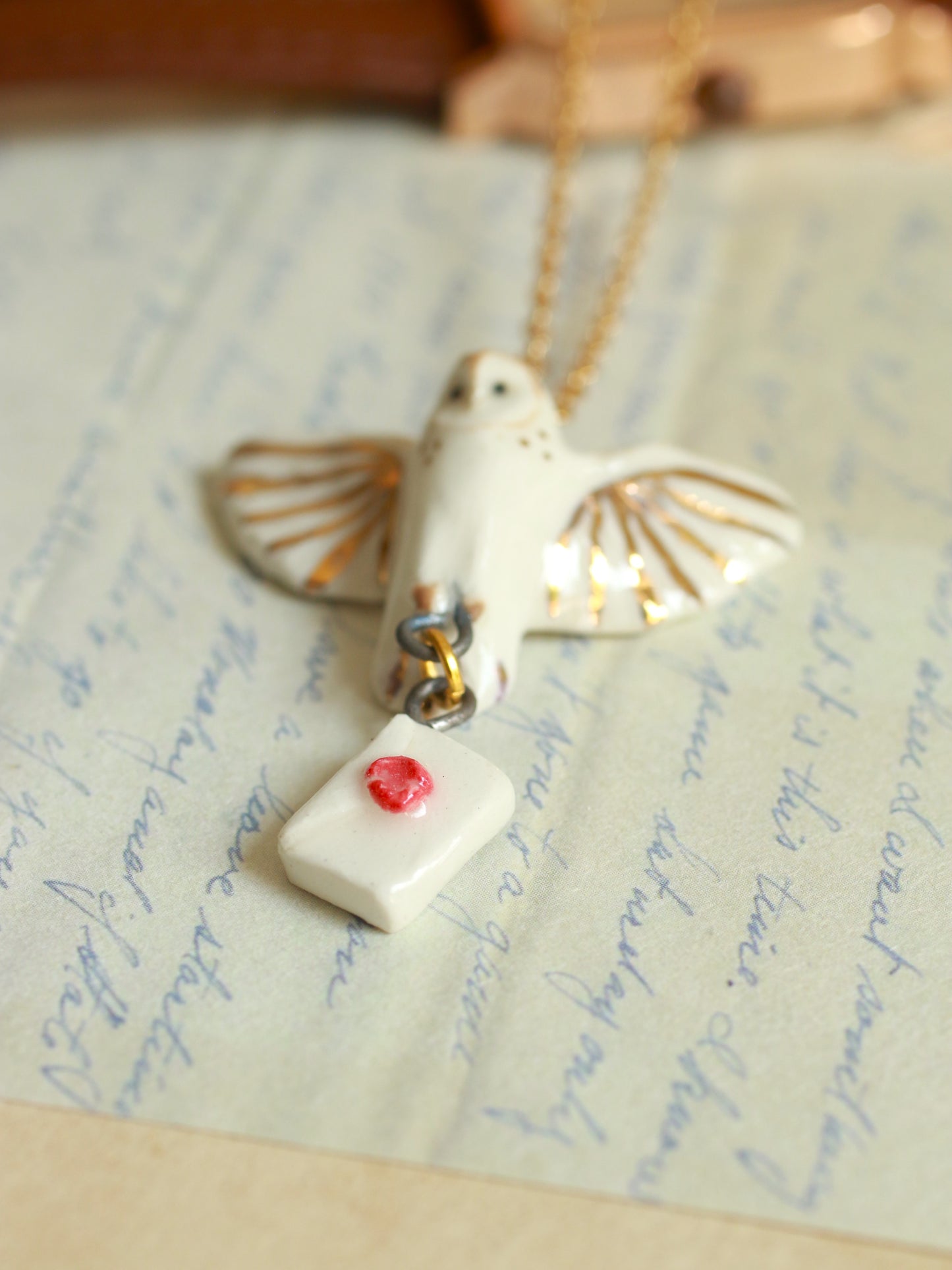 Ceramic Barn owl necklace with a tiny letter - 22k gold details