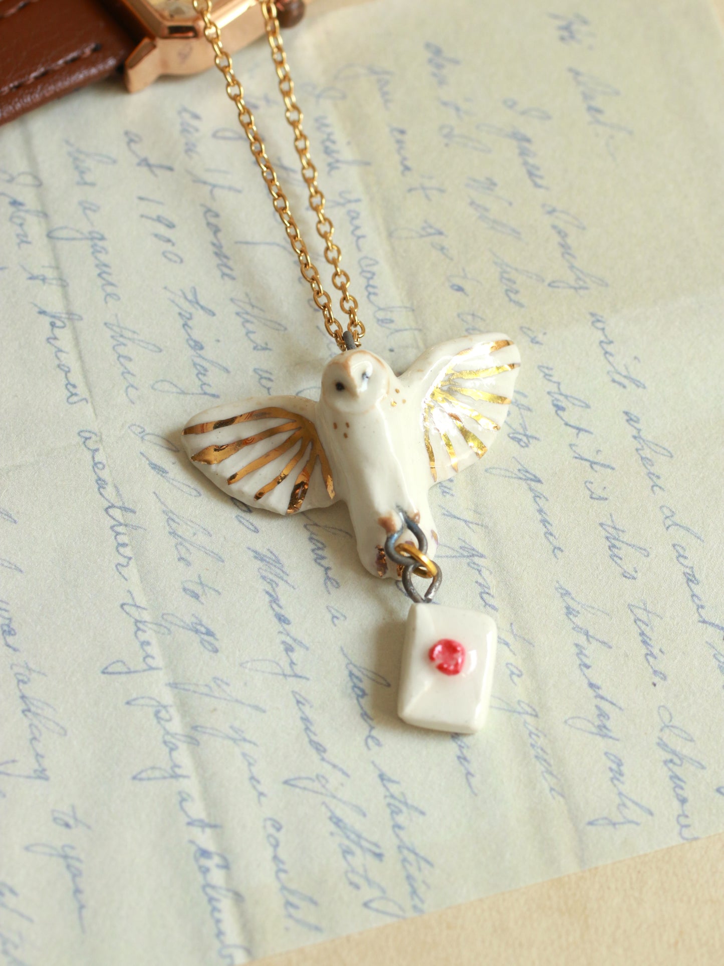 Ceramic Barn owl necklace with a tiny letter - 22k gold details