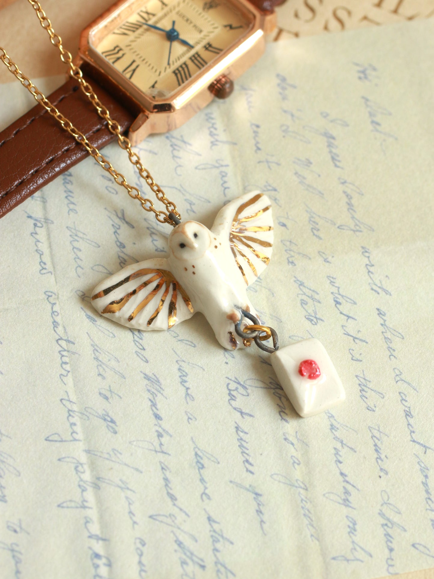 Ceramic Barn owl necklace with a tiny letter - 22k gold details