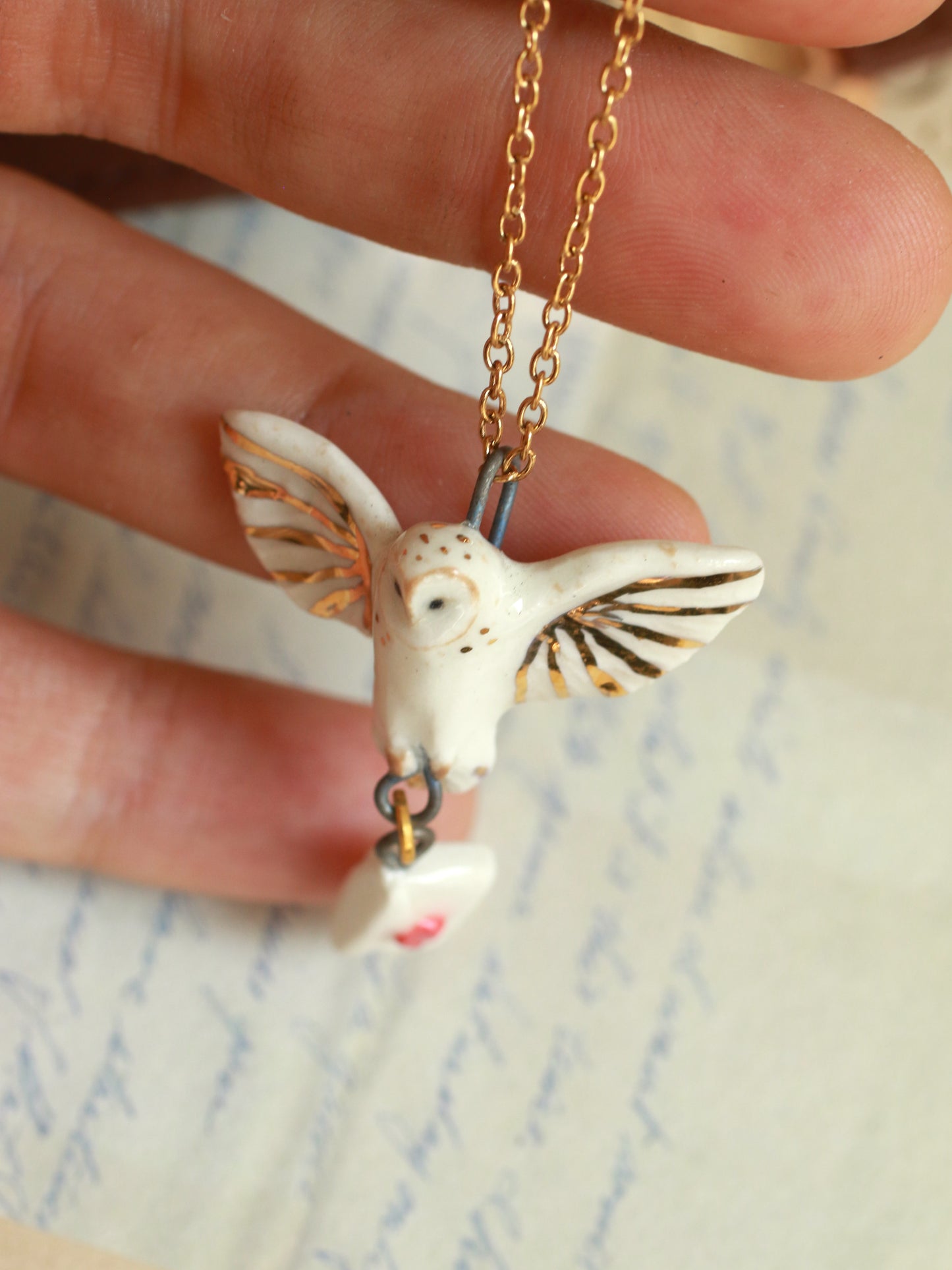 Ceramic Barn owl necklace with a tiny letter - 22k gold details