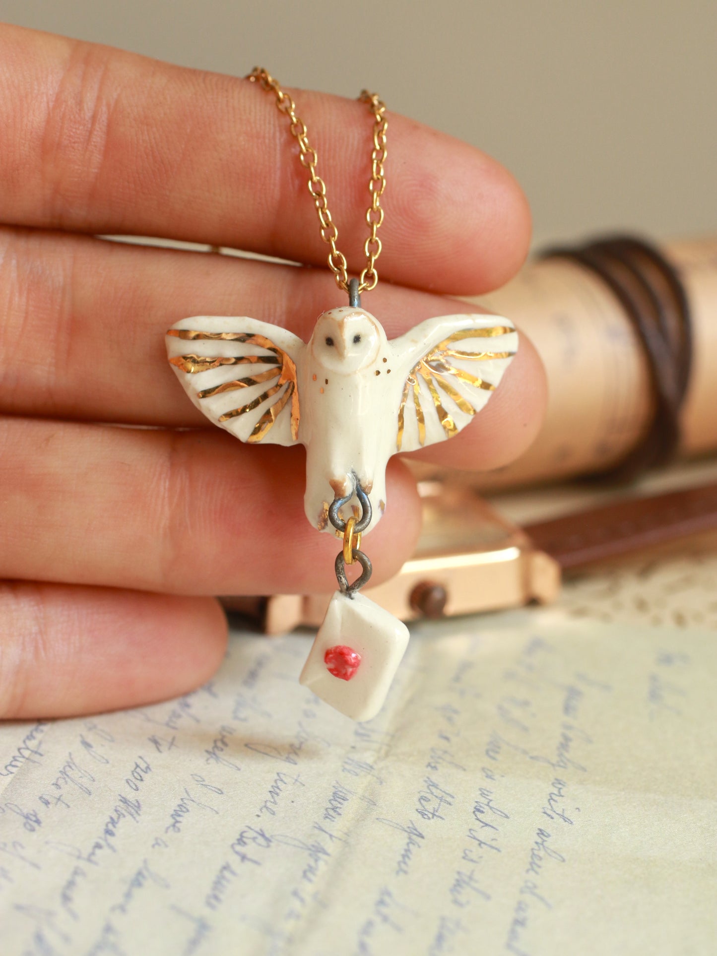Ceramic Barn owl necklace with a tiny letter - 22k gold details