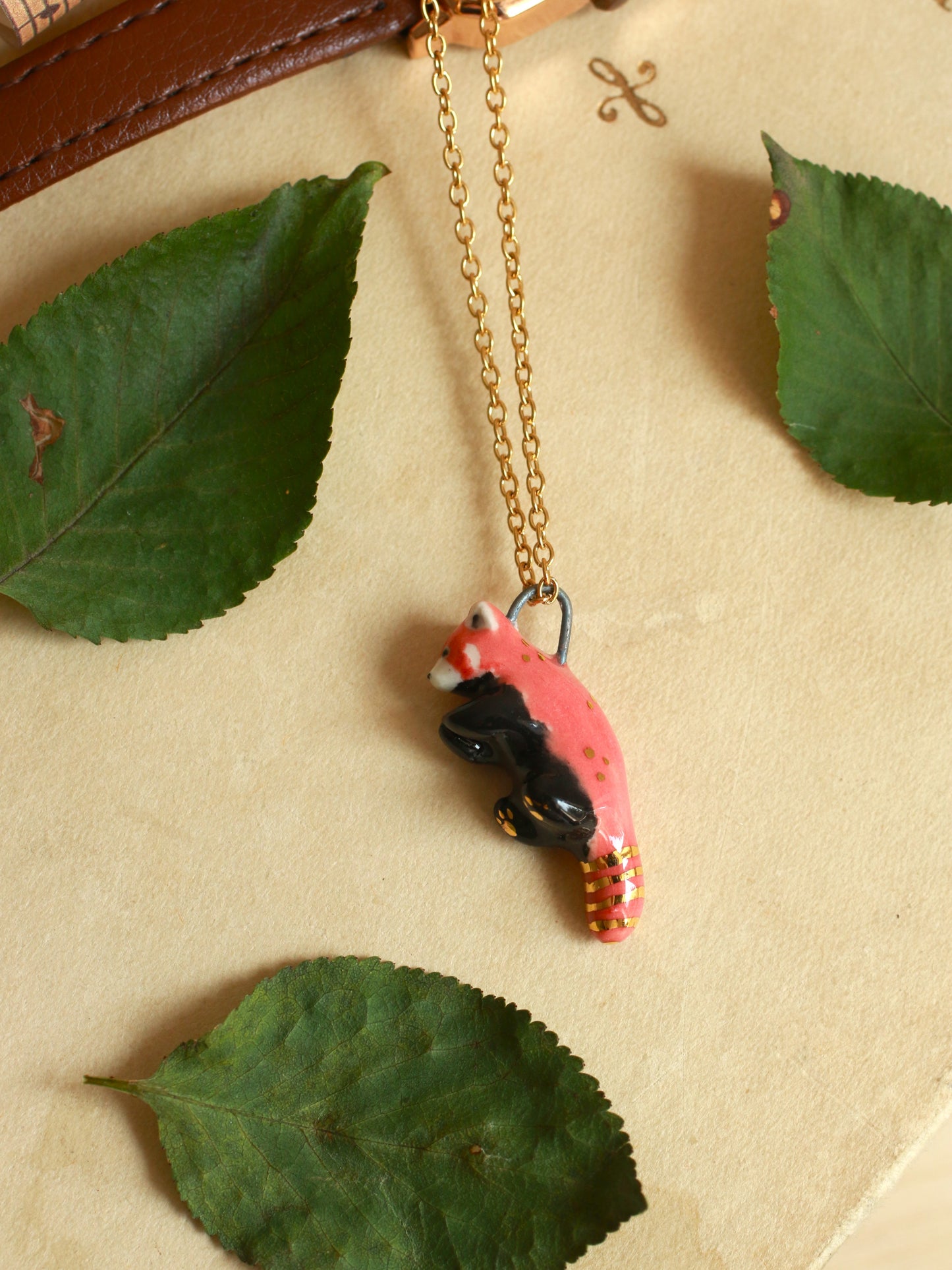 Ceramic Red Panda necklace - 22k gold details