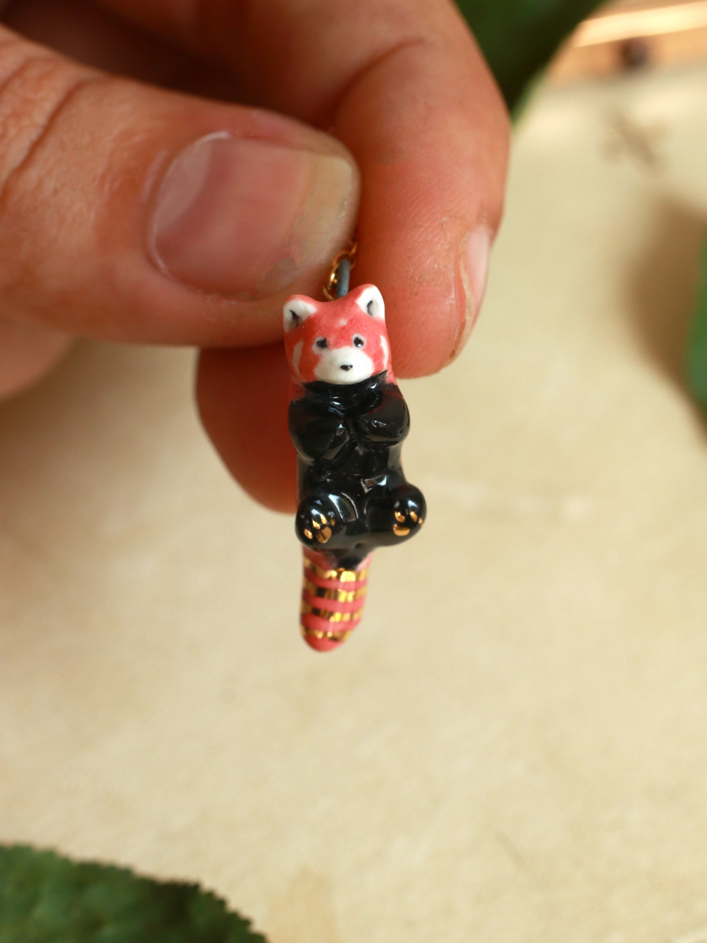Ceramic Red Panda necklace - 22k gold details