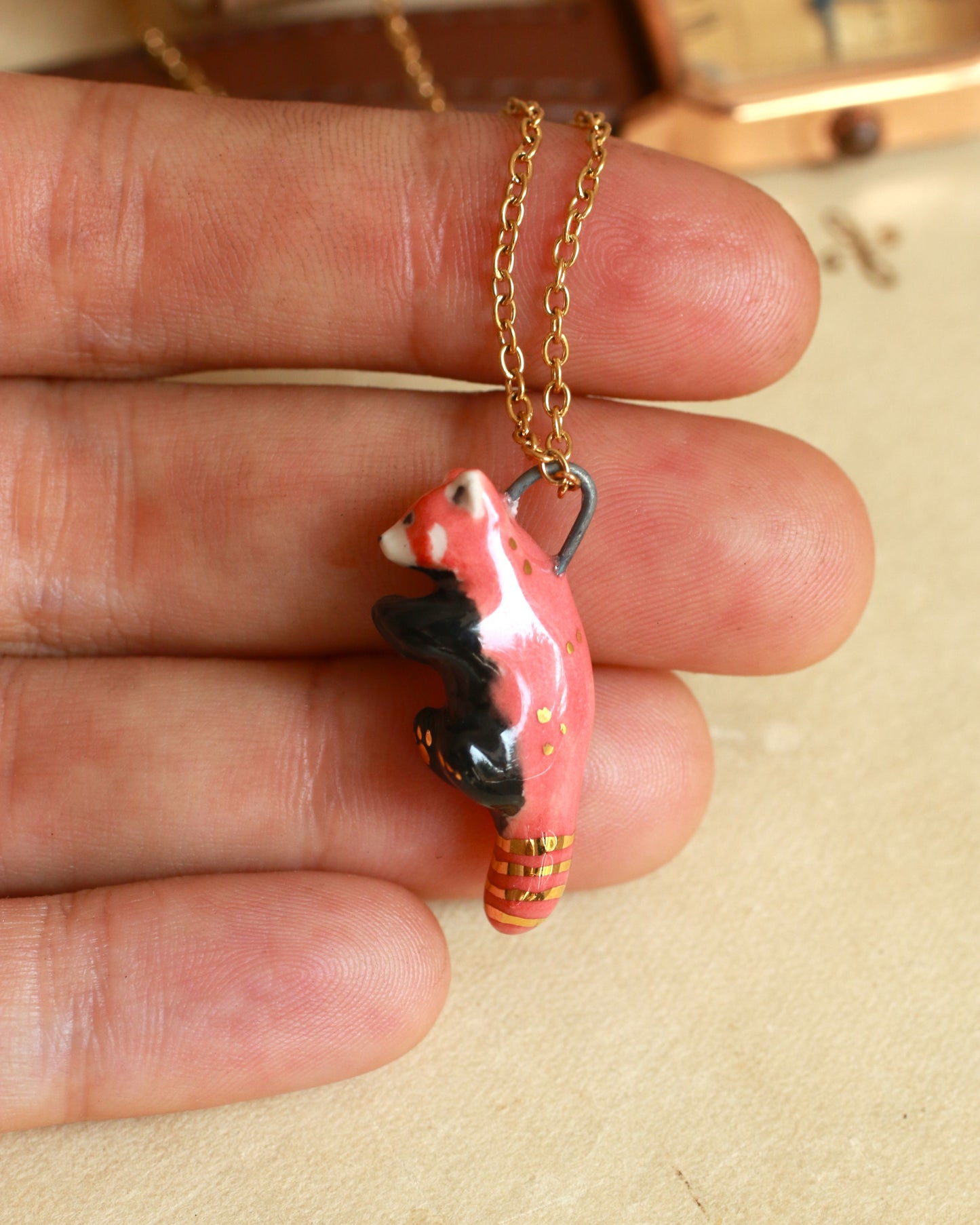 Ceramic Red Panda necklace - 22k gold details