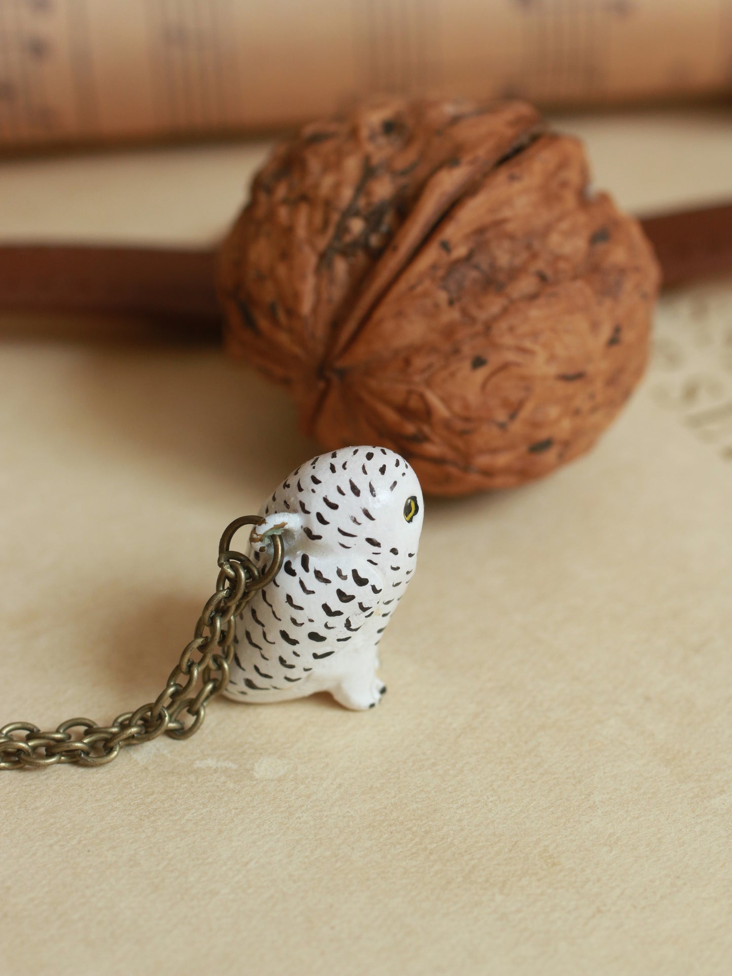 Snowy owl necklace in a nutshell box